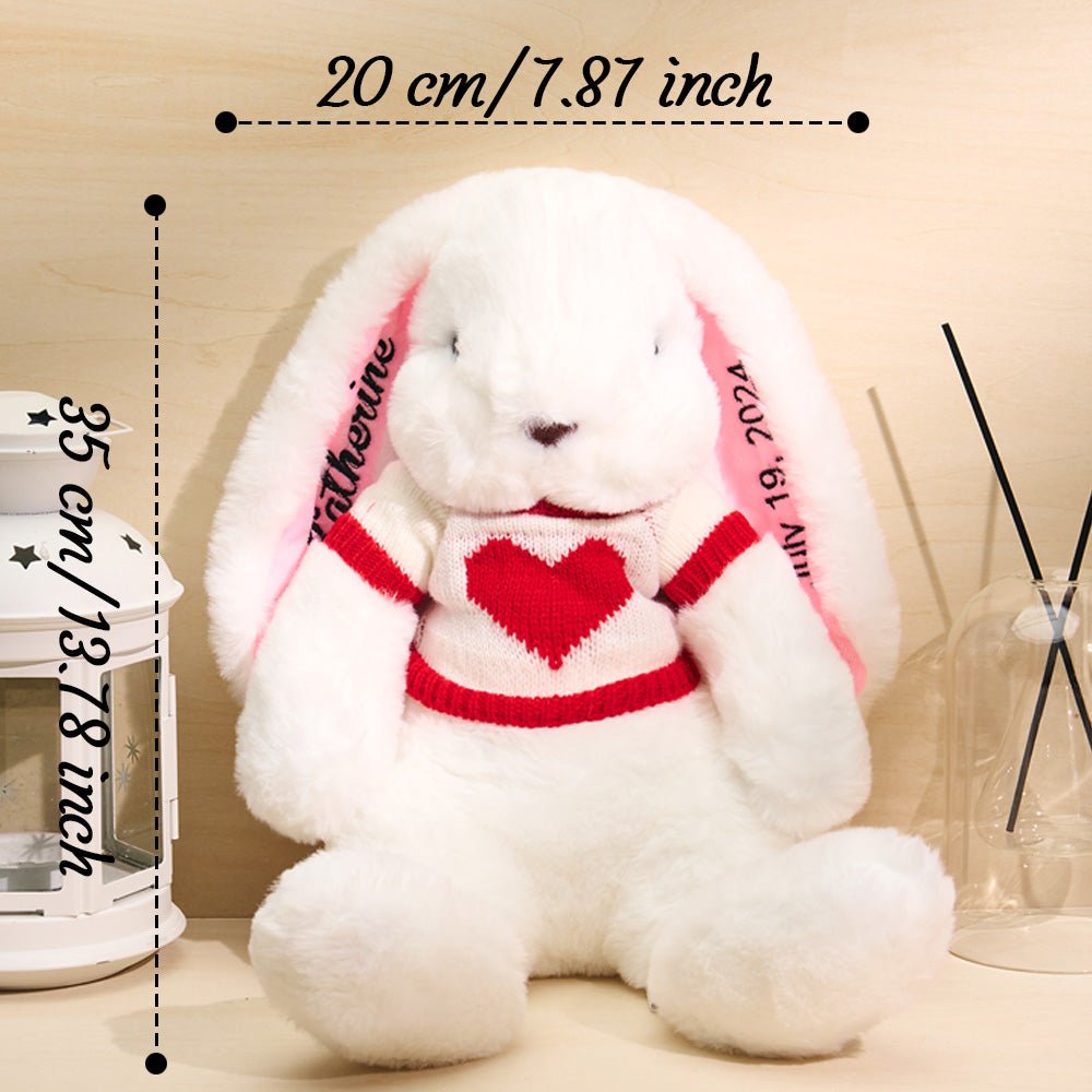 Soft White Stuffed Bunny Toy with Heart Sweater & Custom Text