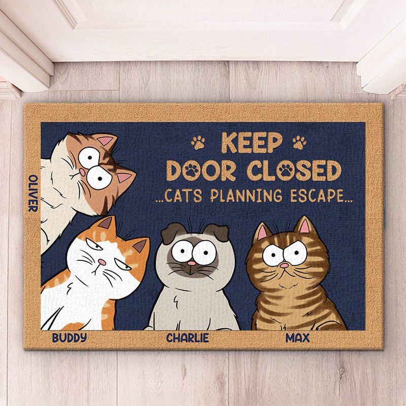 Personalized cat doormat with custom names and funny escape warning