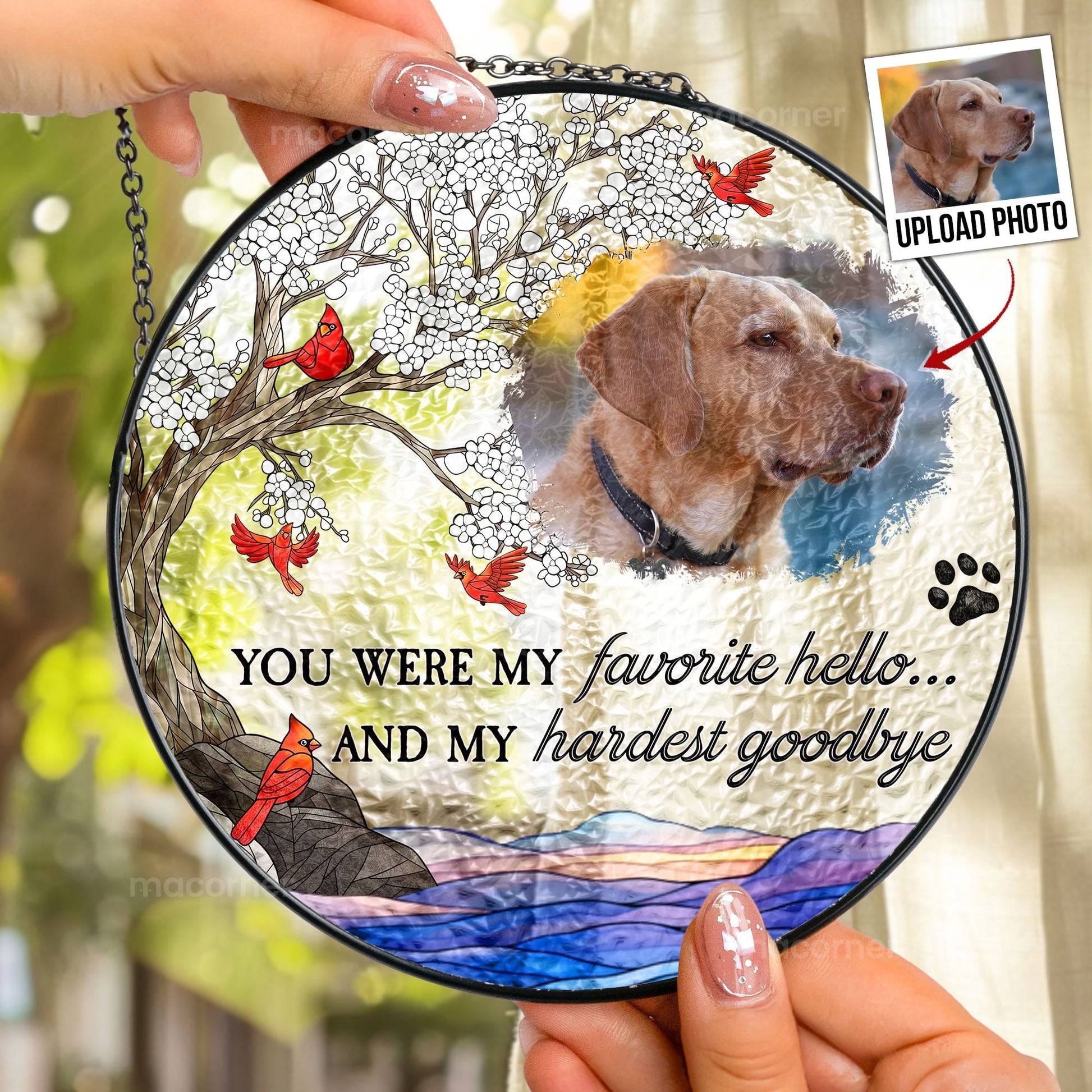 Personalized pet memorial stained glass suncatcher with photo upload