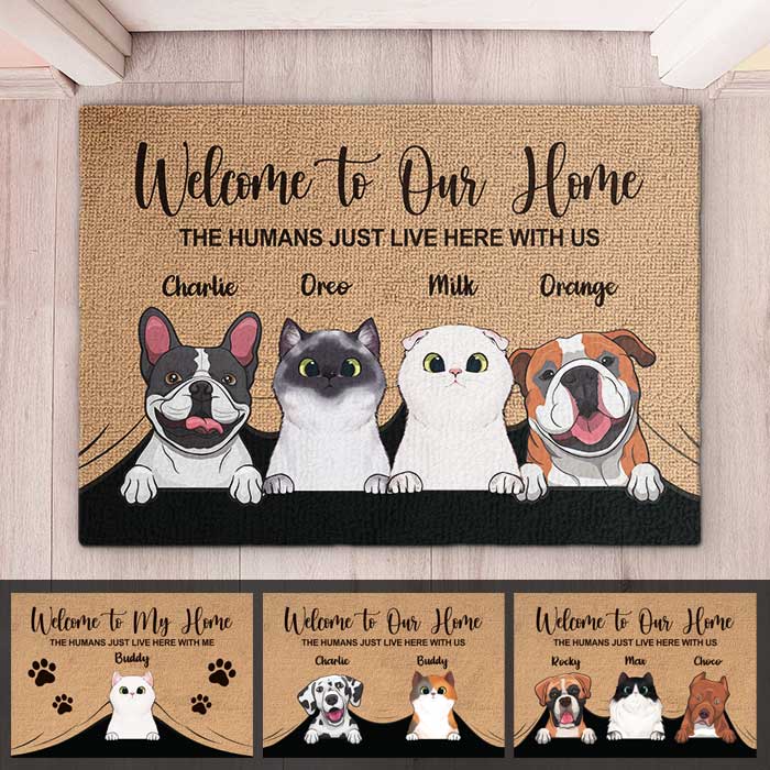 Personalized pet portrait doormat with custom dog and cat names, welcome mat for homes