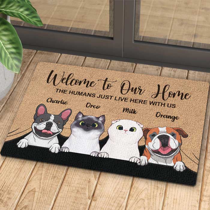 Funny personalized pet doormat gift with pets’ names, perfect for pet lovers’ home décor