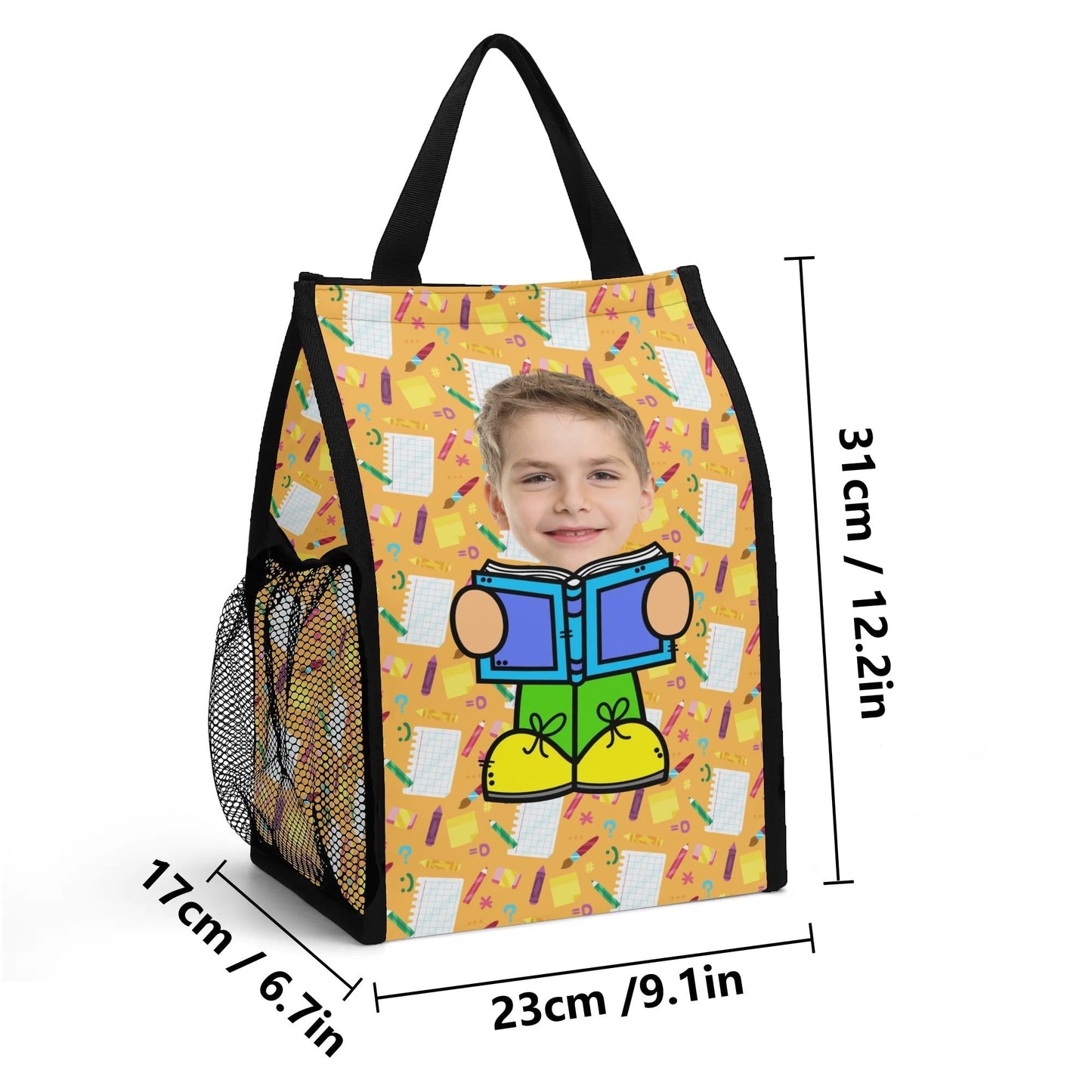 Custom printed children’s lunch tote with photo face design, insulated interior, and durable black straps