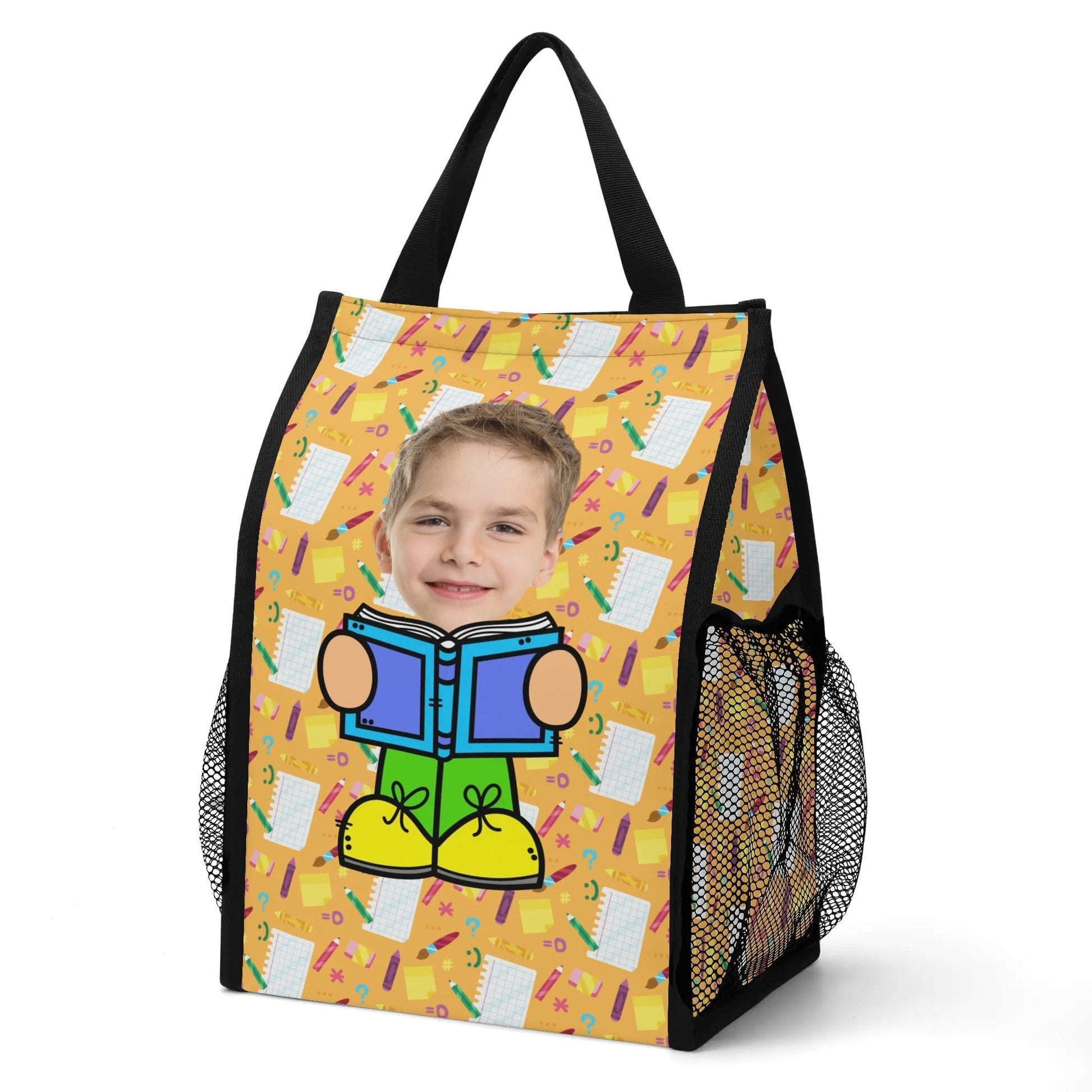 Personalized kids lunch bag with photo, custom cartoon body design, and bright back-to-school pattern