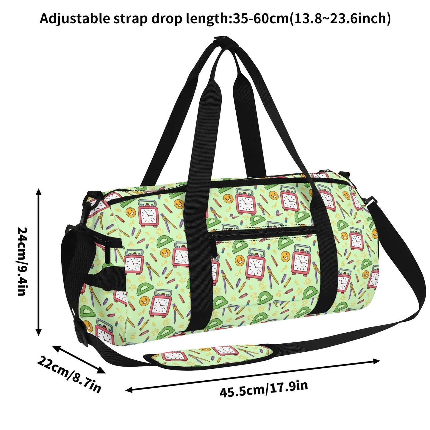 Custom name children’s duffel bag with classroom theme – durable, colorful, and lightweight.