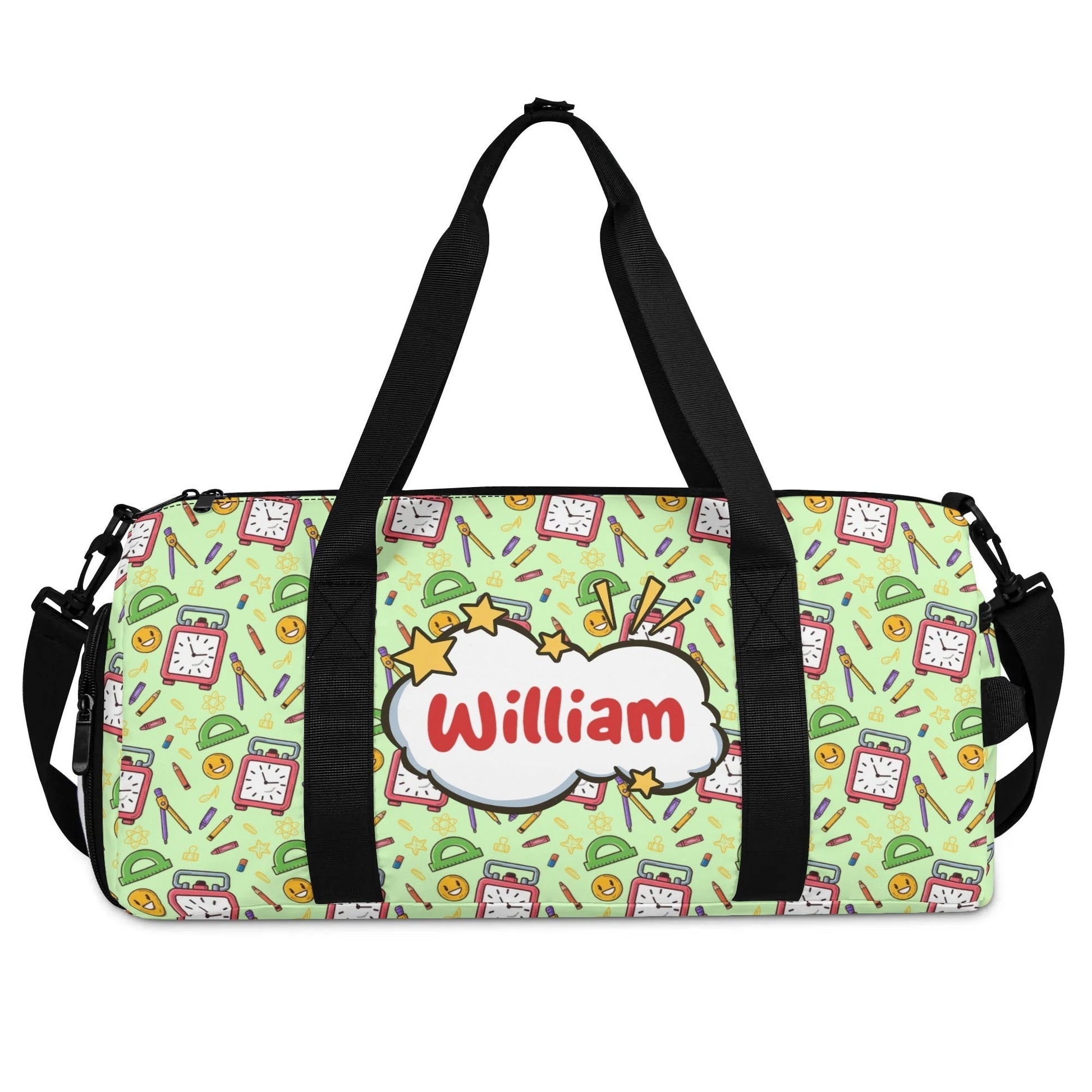Personalized kids duffel bag with clocks and school supplies design – custom name option.