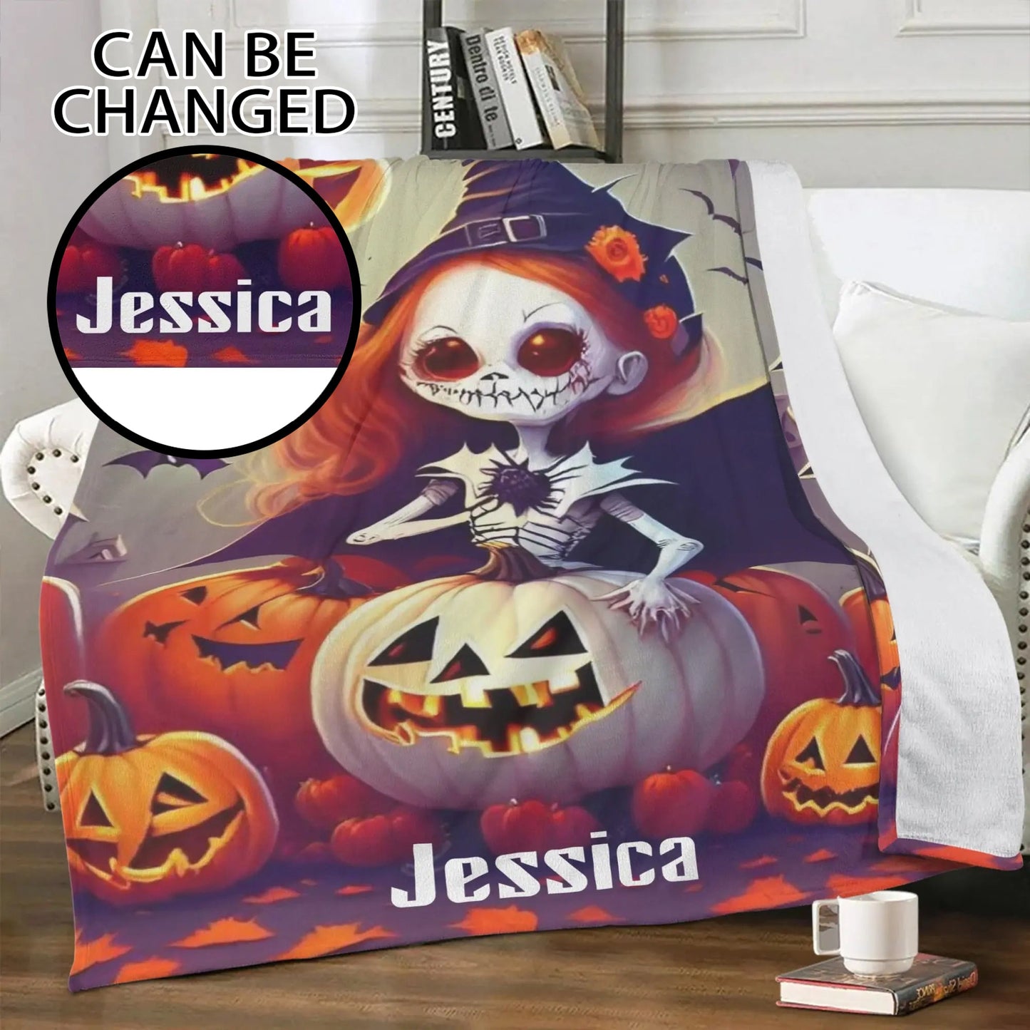 Personalized Halloween blanket with spooky skeleton witch girl and pumpkins, custom name design, cozy fall throw gift.