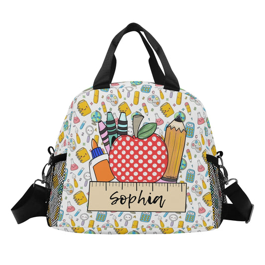 Personalized teacher lunch bag with school supplies design – custom name insulated tote for educators