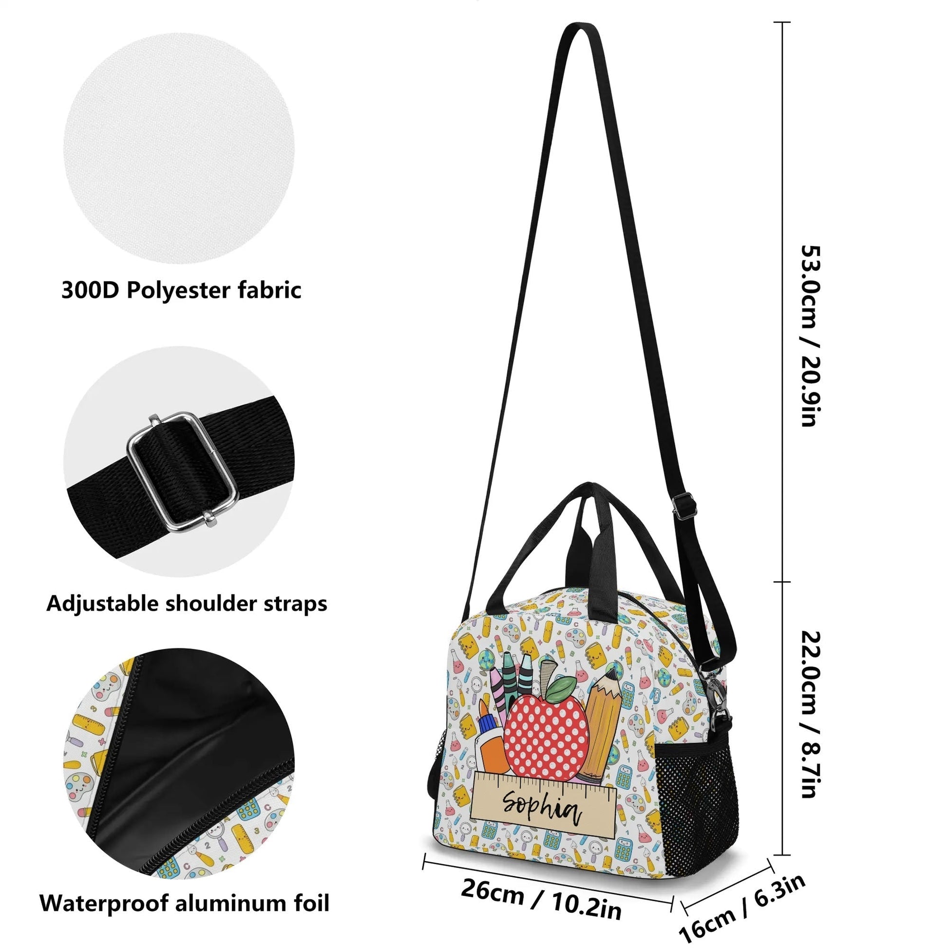 Custom teacher lunch bag with mesh side pockets and durable handle – insulated tote with colorful school supplies print.