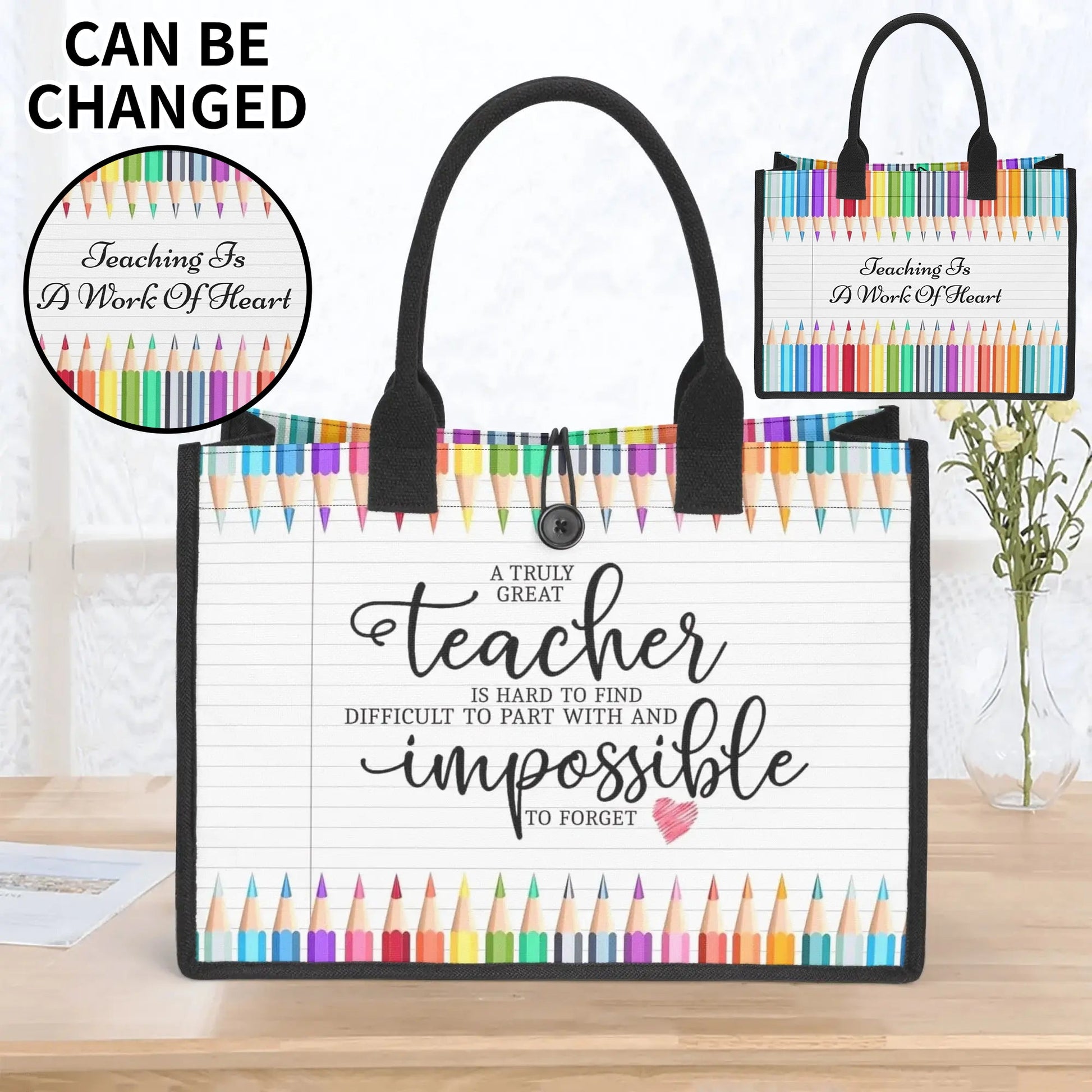 Personalized teacher tote bag with rainbow pencil design – custom quote appreciation gift for teachers