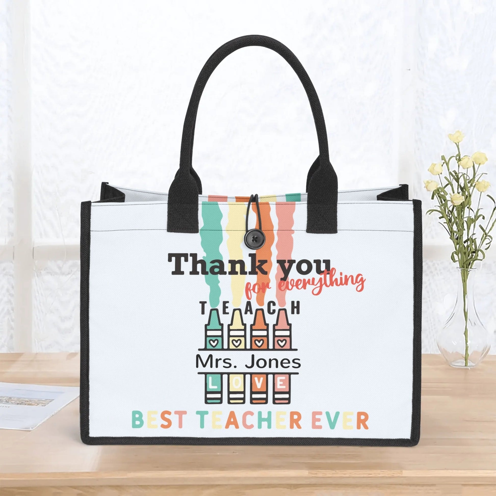 Personalized Teacher Tote Bag | Thank You Gift with Crayon Design - De Krys