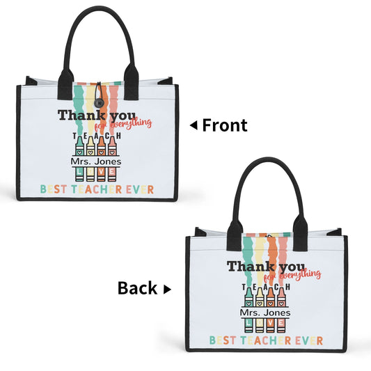 Durable canvas tote bag with rainbow crayons, thank you message, and personalized teacher name – thoughtful appreciation gift.