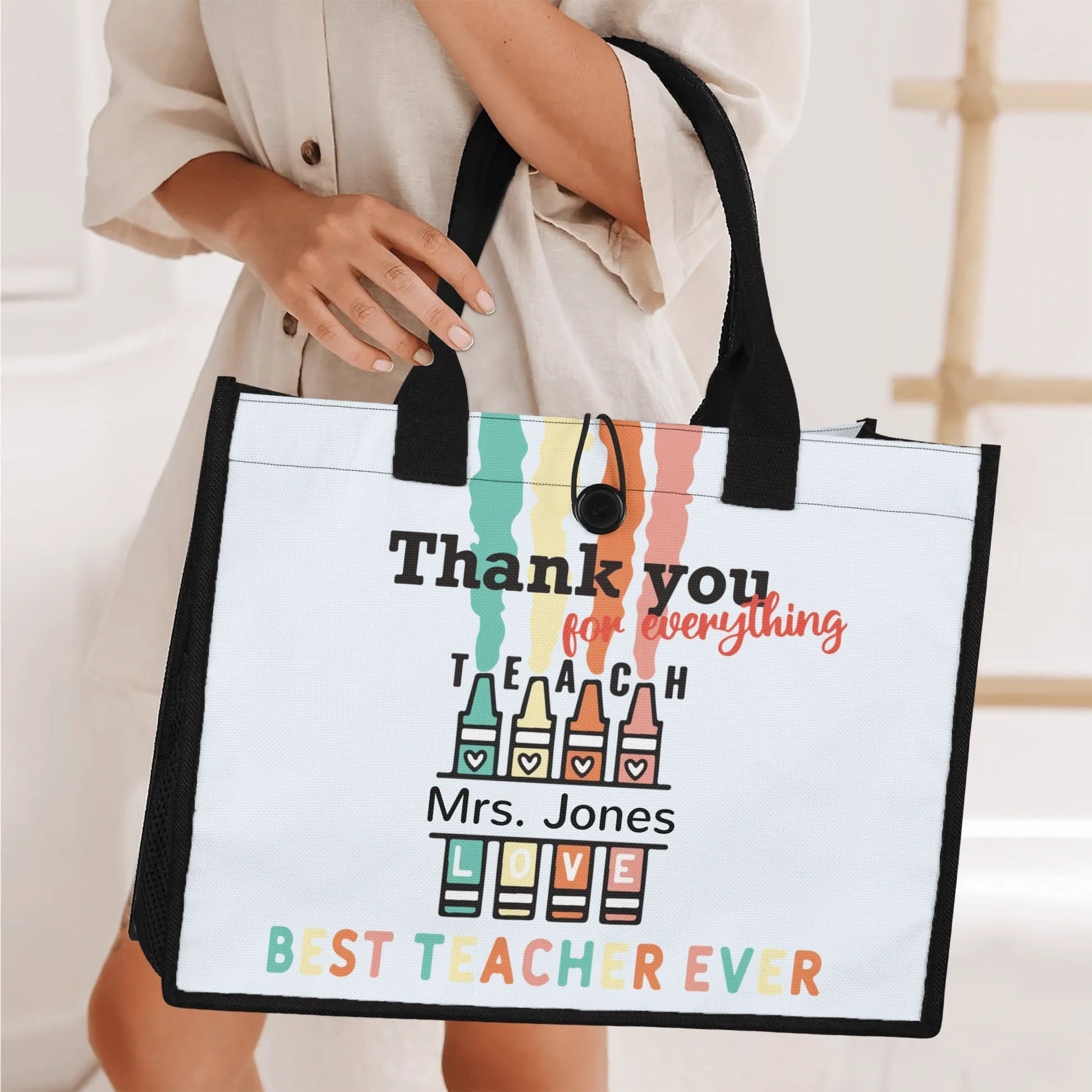 Custom teacher tote bag with personalized thank you text – perfect gift for Teacher Appreciation Week, birthdays, or end-of-year.