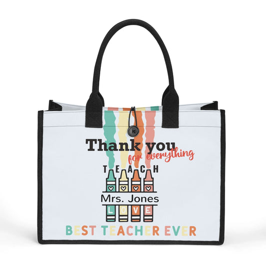 Personalized teacher tote bag with colorful design – thank you gift with custom name for best teacher ever