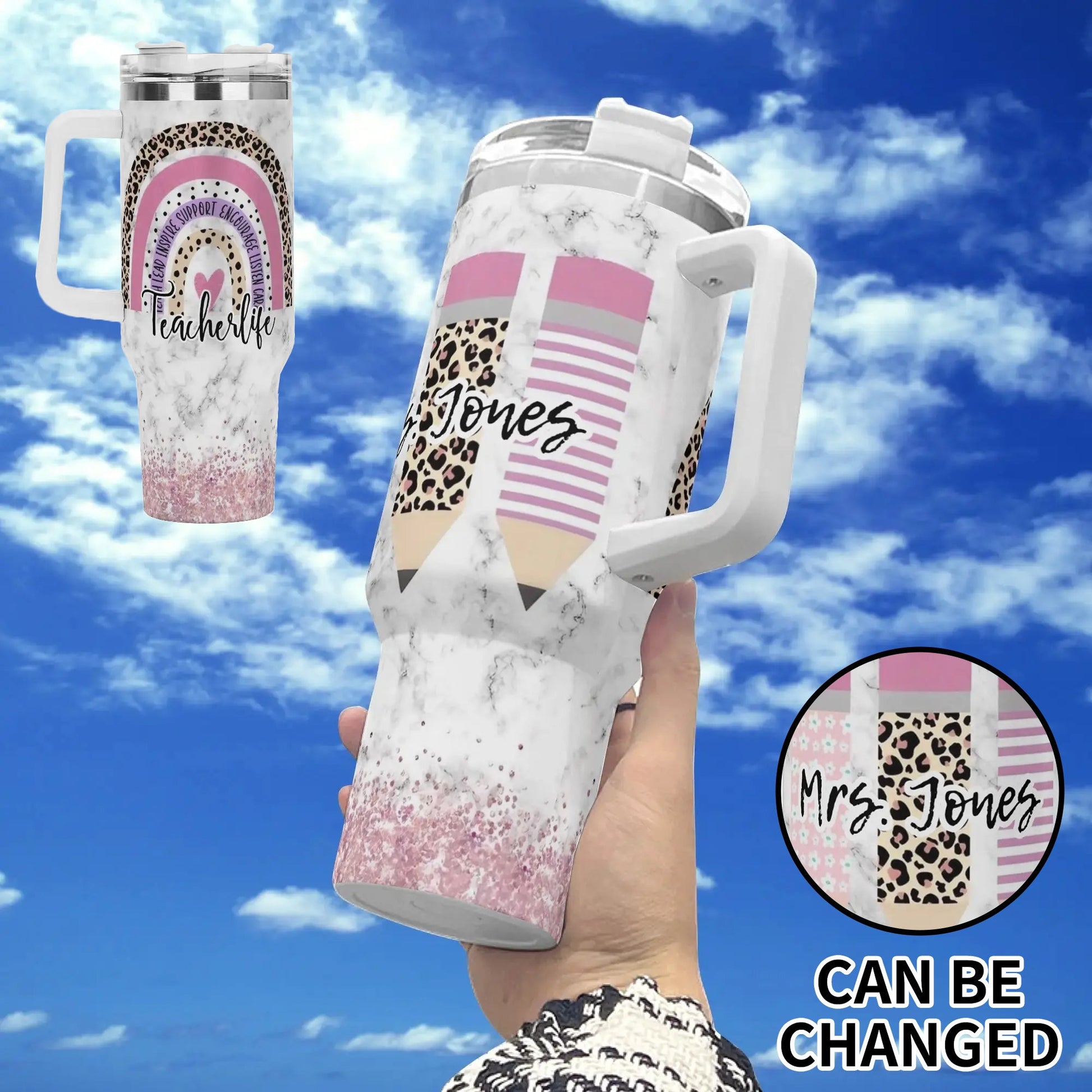 Personalized teacher tumbler with leopard pencil and rainbow design.