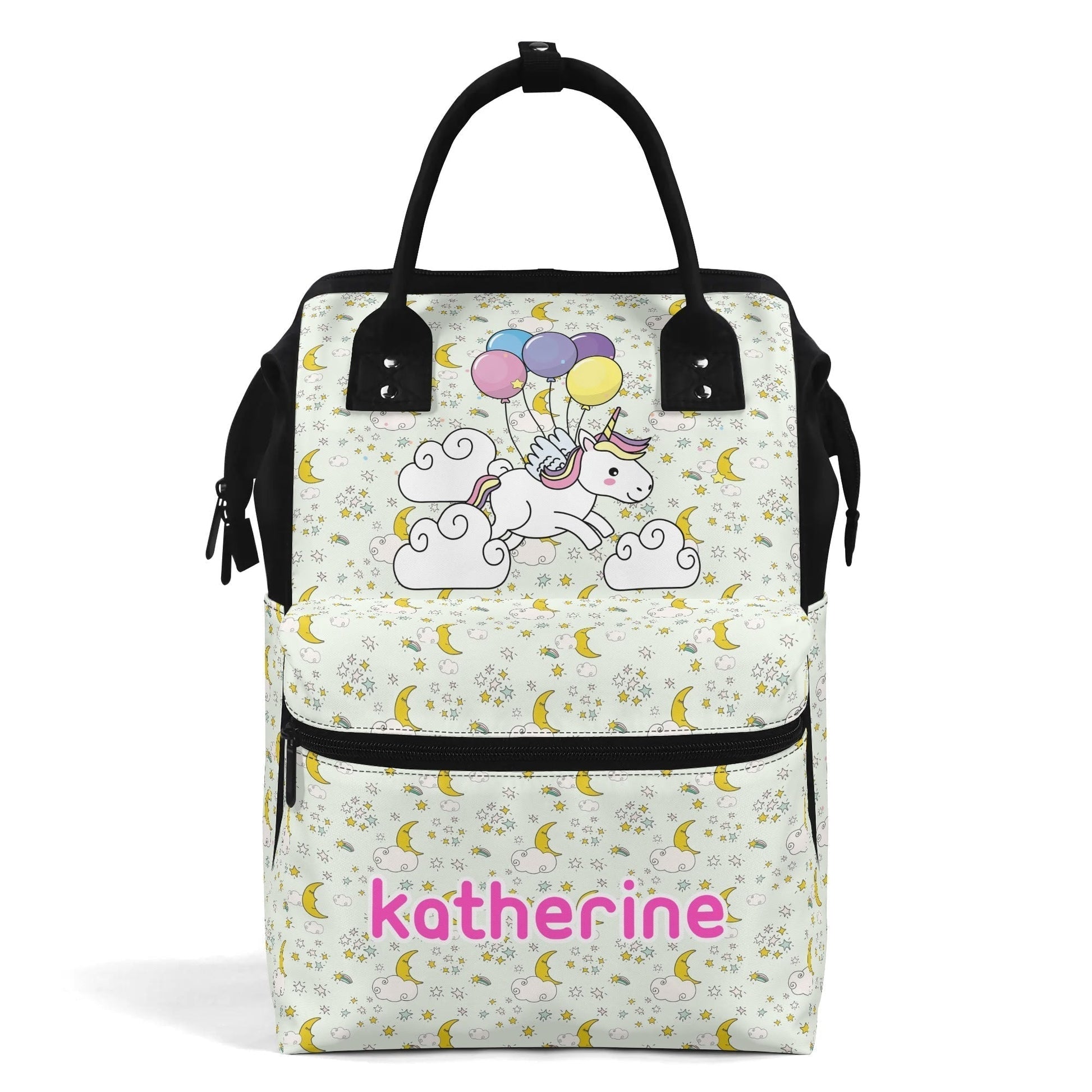 Personalized unicorn backpack with custom name – kids school bag with flying unicorn, balloons, and magical design