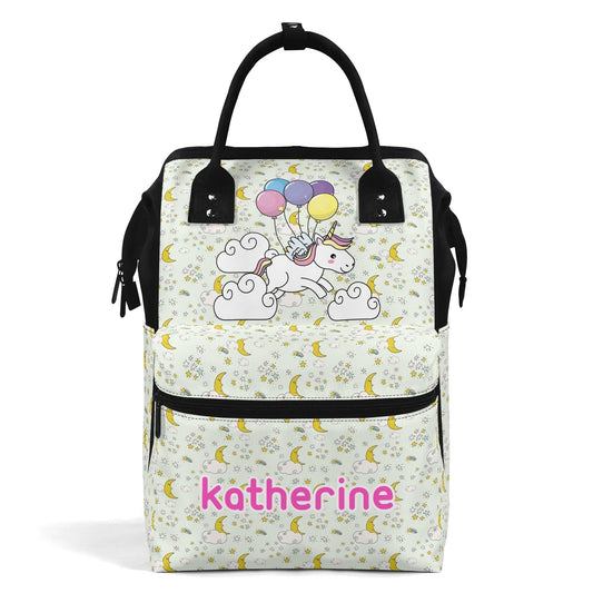 Personalized unicorn backpack with custom name – kids school bag with flying unicorn, balloons, and magical design