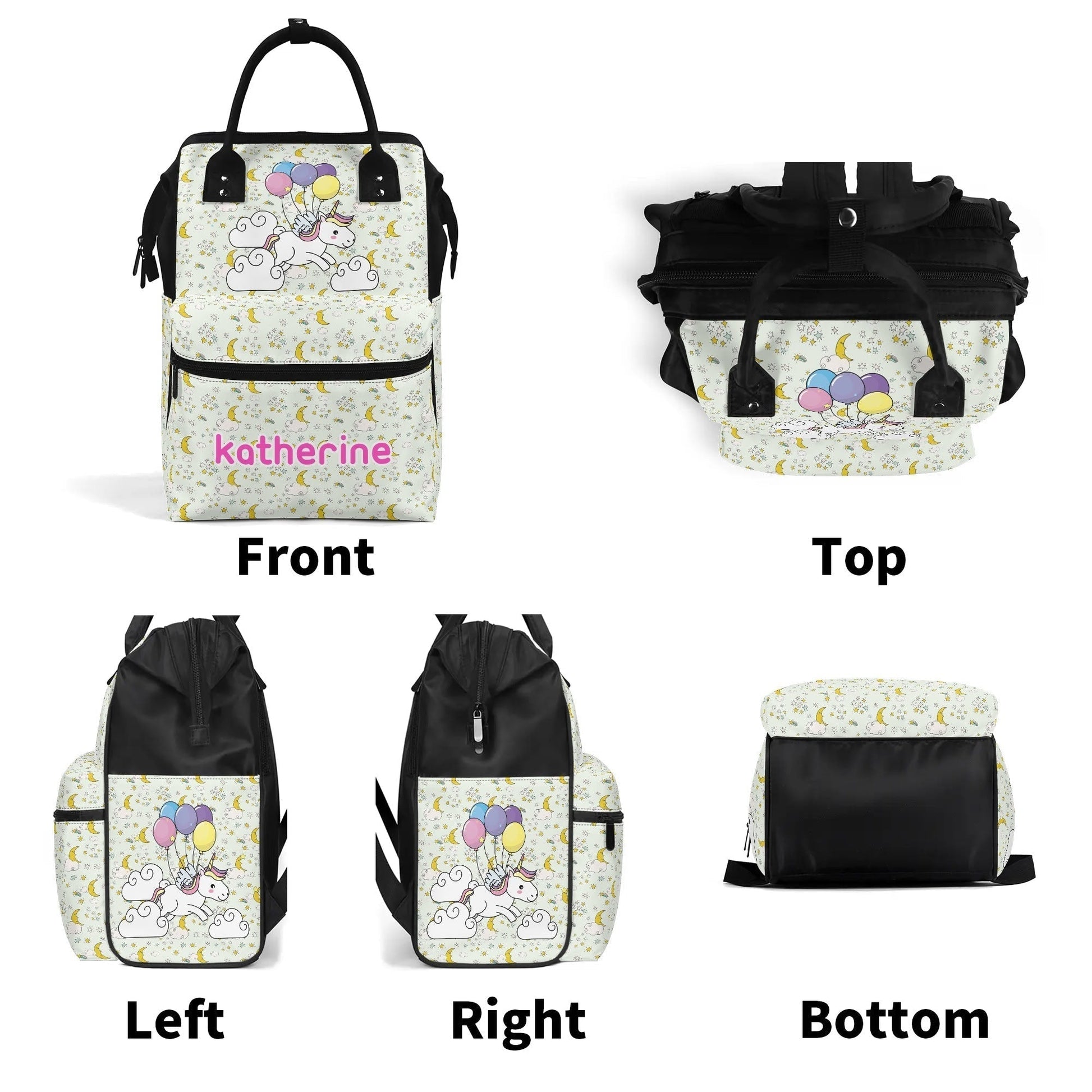 Custom kids backpack with unicorn, clouds, and balloons – personalized with name in bold print, durable and lightweight.