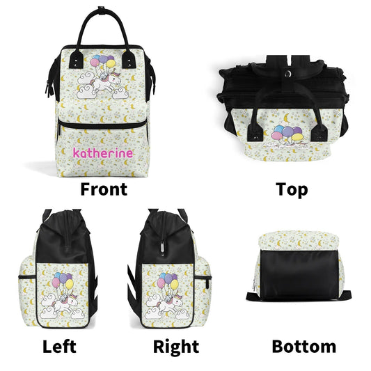 Custom kids backpack with unicorn, clouds, and balloons – personalized with name in bold print, durable and lightweight.