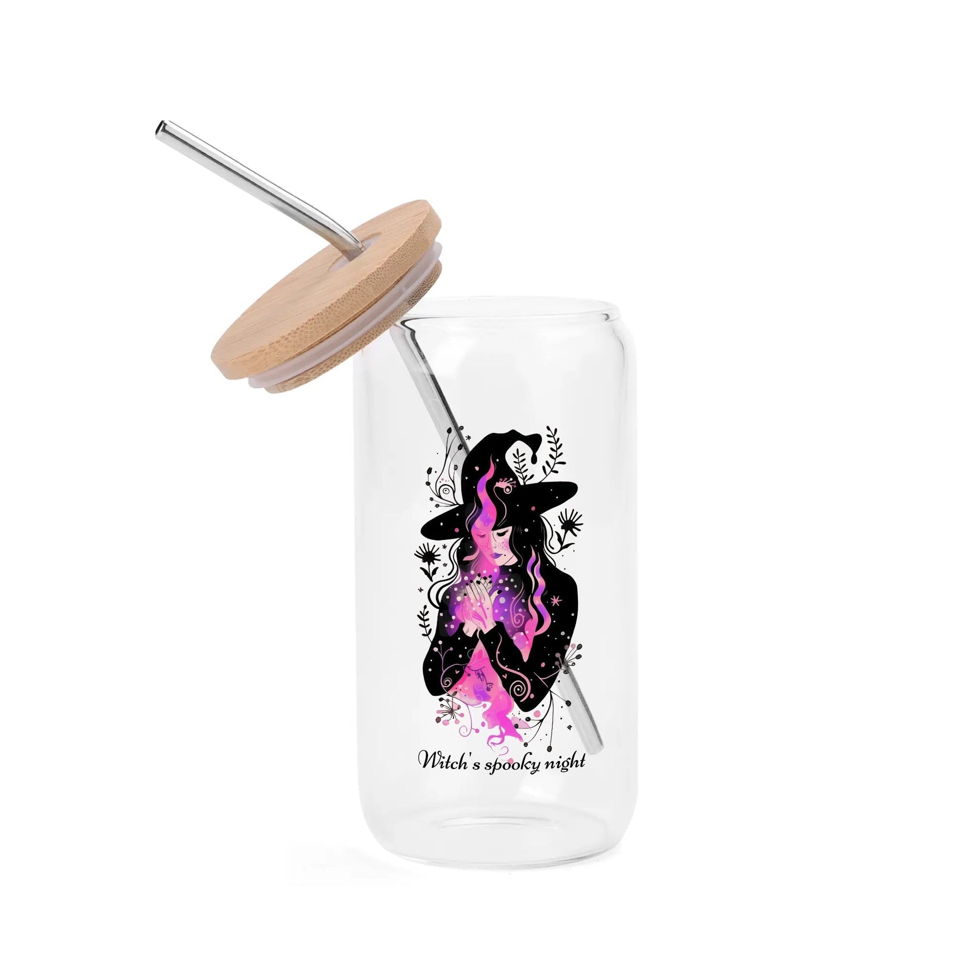 Personalized Witch’s Spooky Night Glass Can Cup – 16oz Iced Coffee Cup with Bamboo Lid & Straw - De Krys