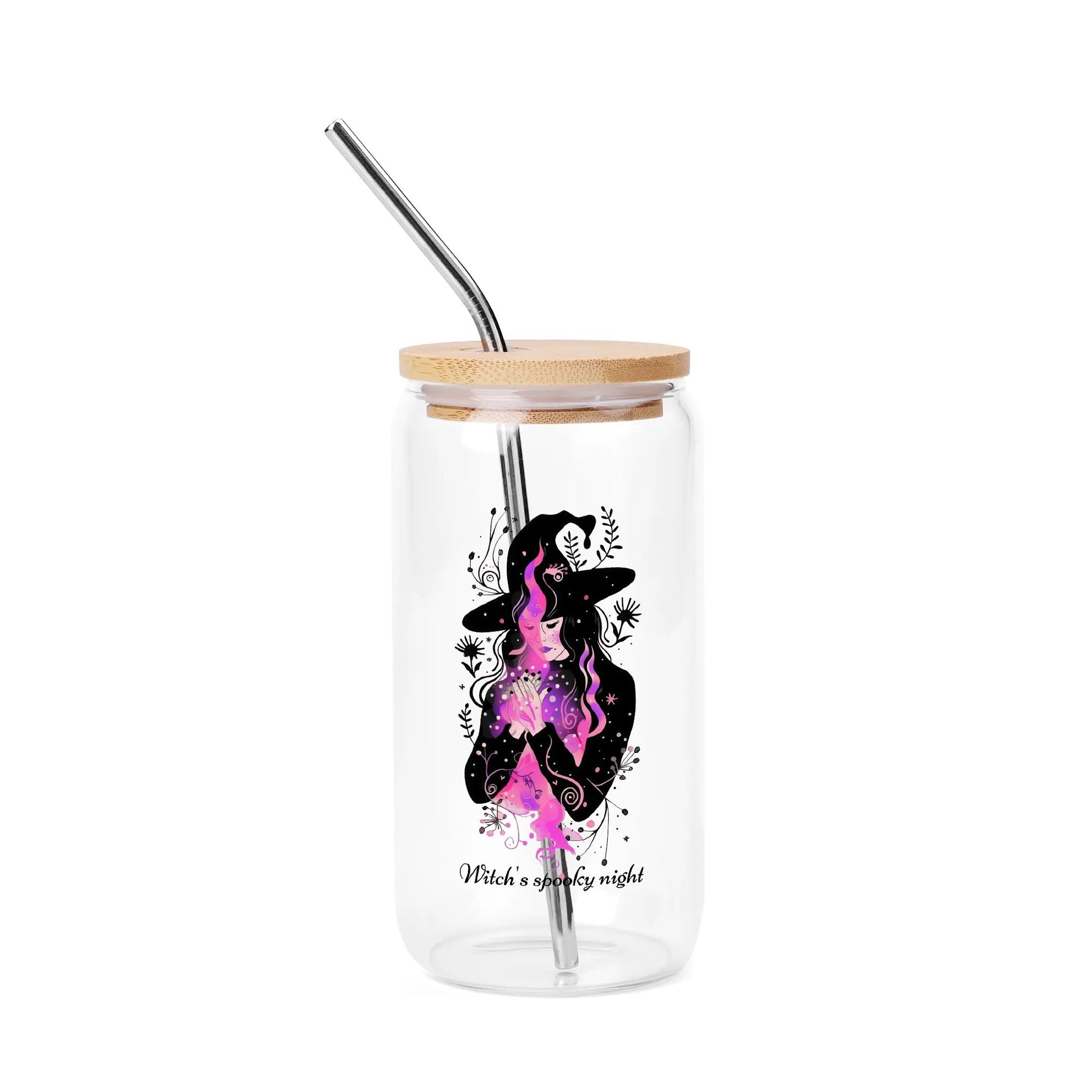 Personalized Witch’s Spooky Night Glass Can Cup – 16oz Iced Coffee Cup with Bamboo Lid & Straw - De Krys