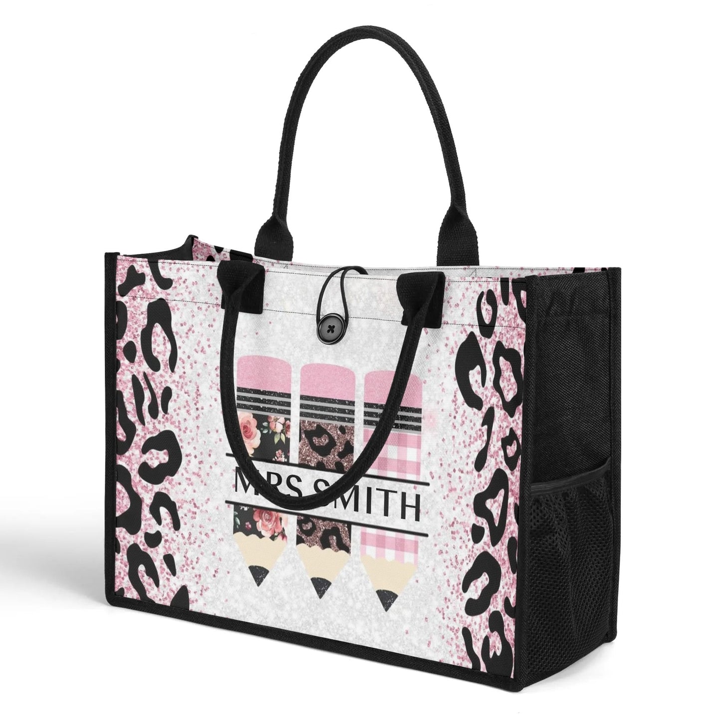 Pink Leopard Teacher Tote Bag with Custom Name | Personalized Pencil Design Gift - De Krys