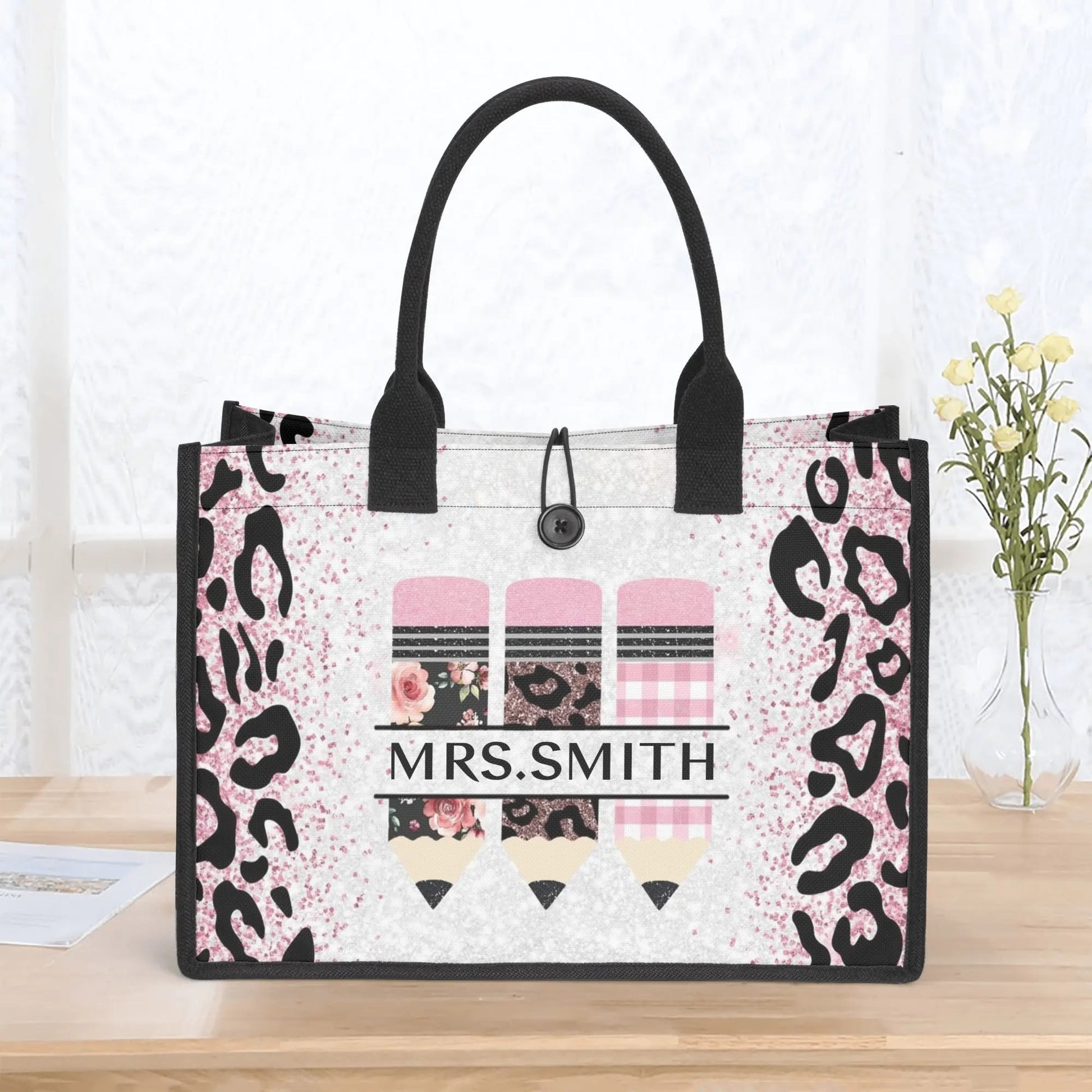 Pink Leopard Teacher Tote Bag with Custom Name | Personalized Pencil Design Gift - De Krys