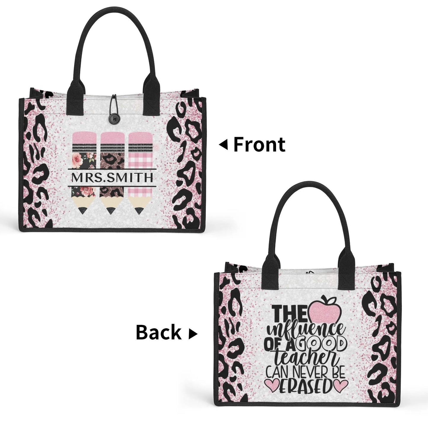 Durable teacher tote bag with pink glitter background, leopard accents, floral + plaid pencil design, and personalized name.