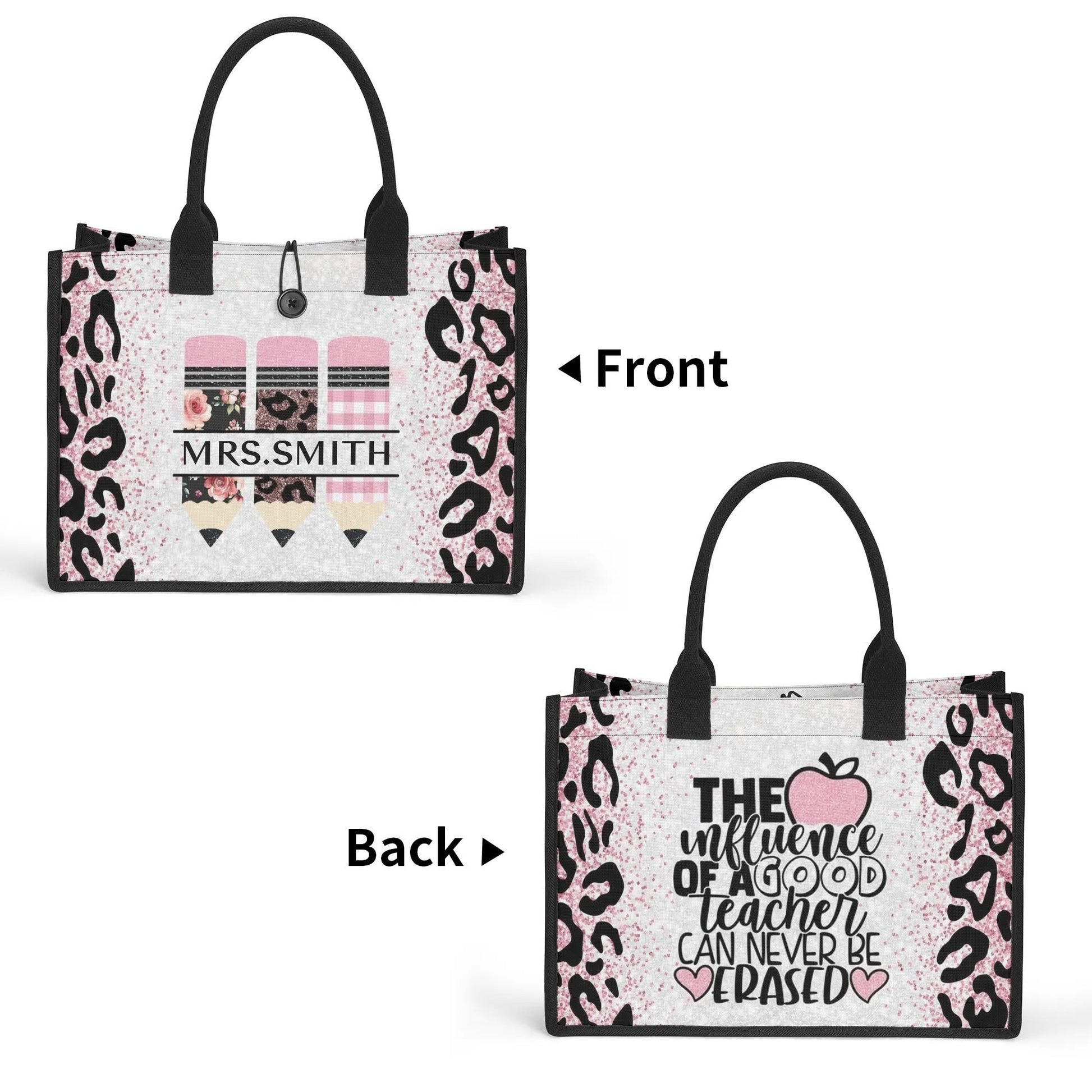 Durable teacher tote bag with pink glitter background, leopard accents, floral + plaid pencil design, and personalized name.