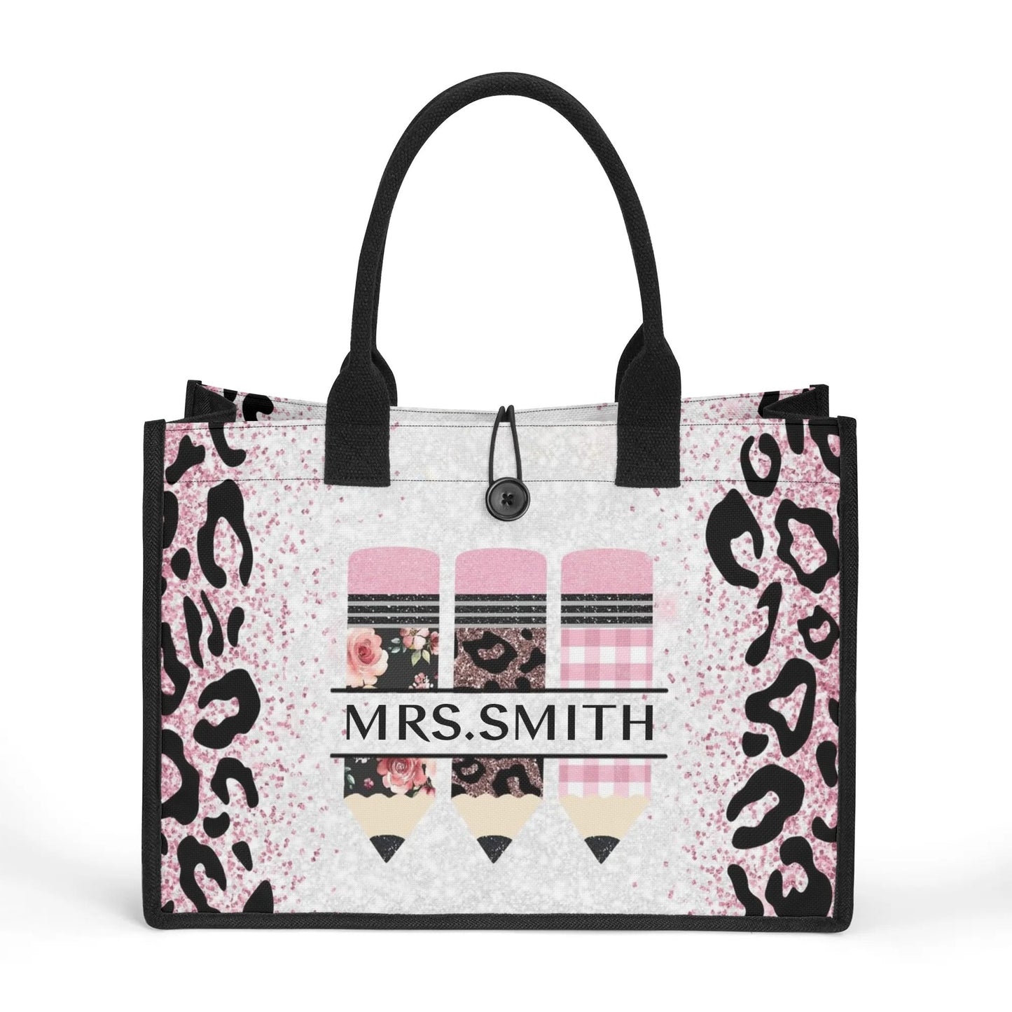 Pink Leopard Teacher Tote Bag with Custom Name | Personalized Pencil Design Gift - De Krys