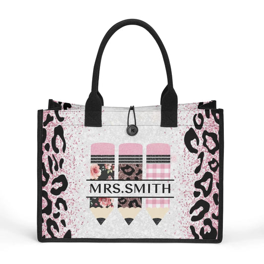 Personalized teacher tote bag with pink leopard print and pencil design – custom name school bag gift for educators