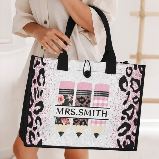 Custom teacher tote bag with trendy pink leopard print and personalized name – stylish and practical gift for teachers