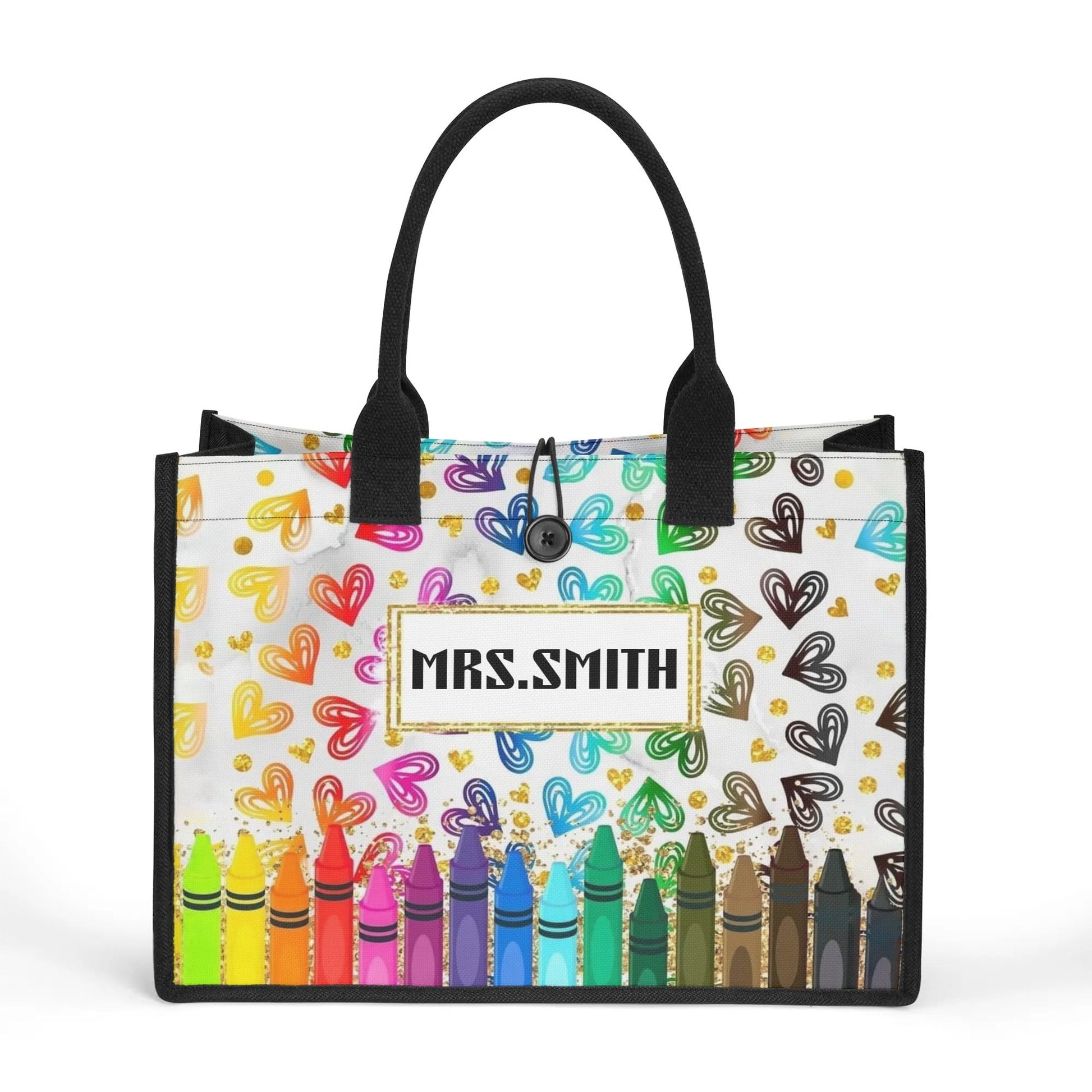 Personalized teacher tote bag with rainbow crayon and colorful heart design – custom name school bag gift for educators.