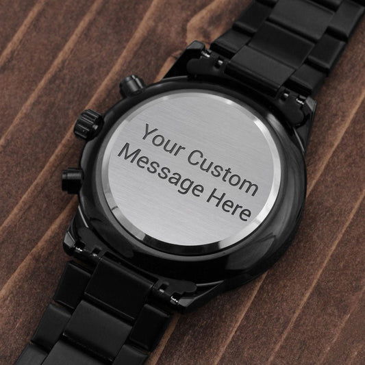 Engraved stainless steel watch back with custom message, precision craftsmanship, premium gift