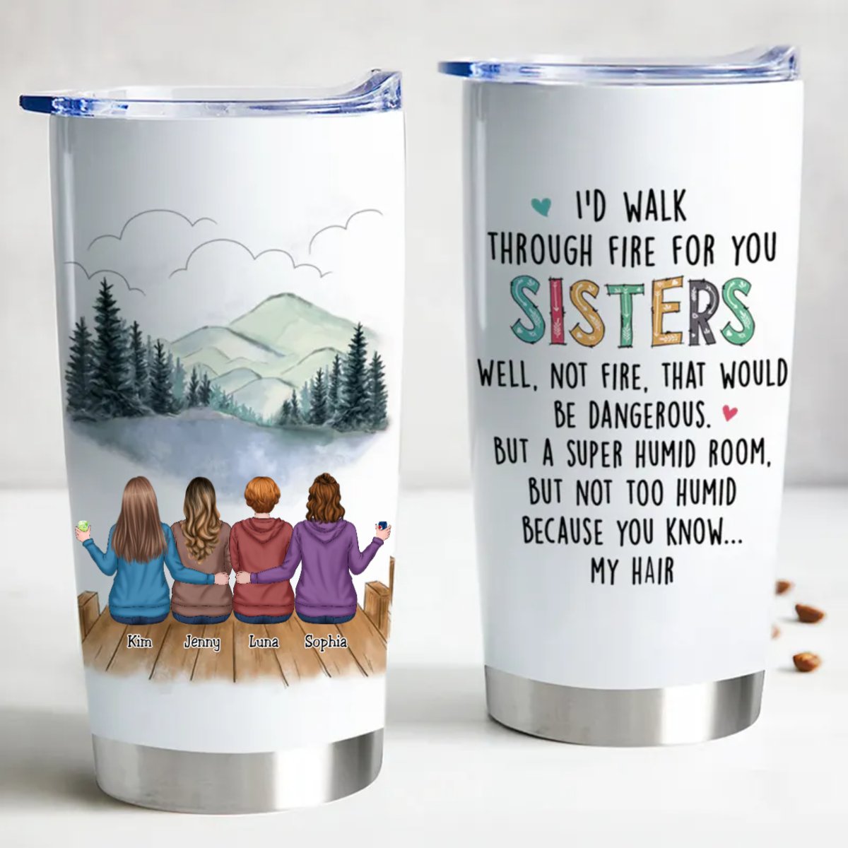Personalized Sisters Forever tumbler with names and custom illustration