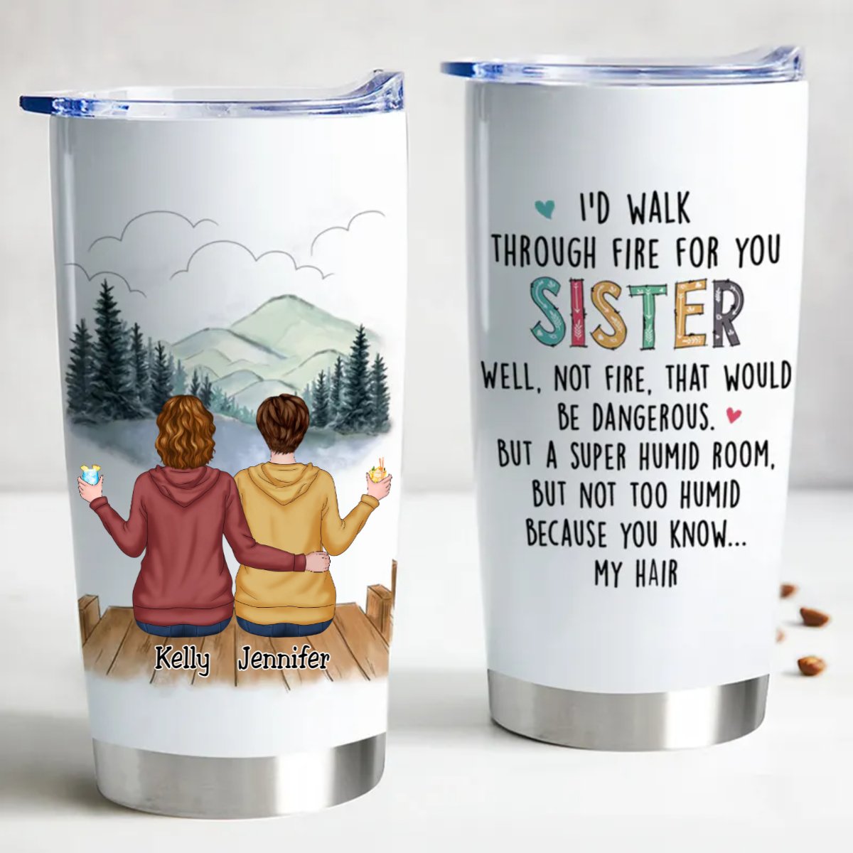 Emotional personalized tumbler gift for sisters with unique artwork and heartfelt quote