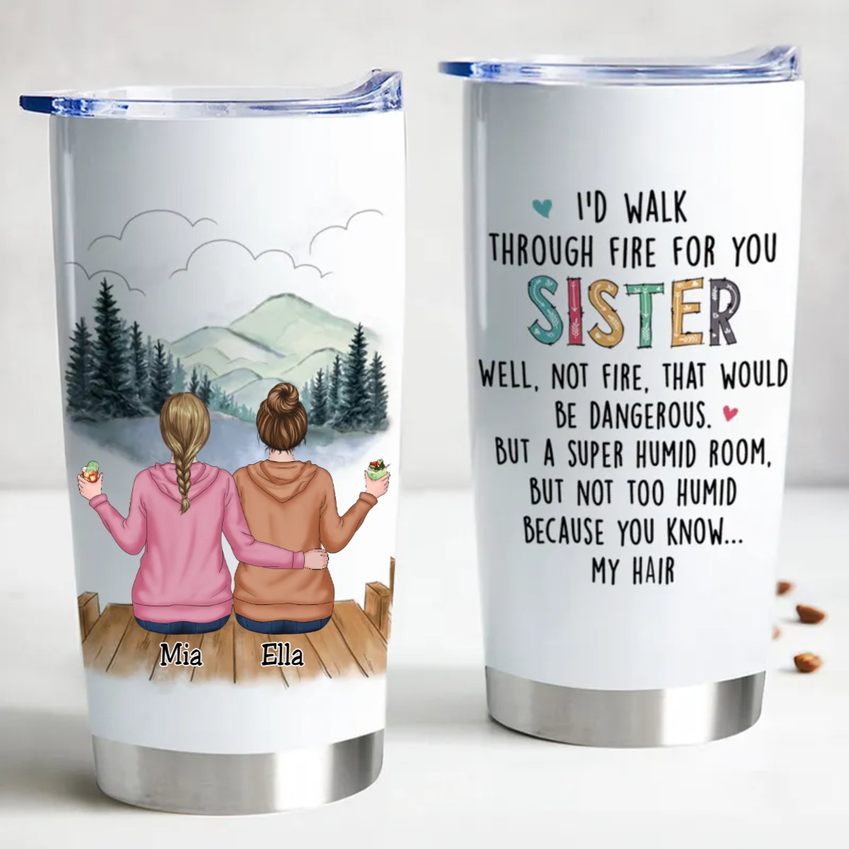 High-quality insulated tumbler with custom sister design and text engraving