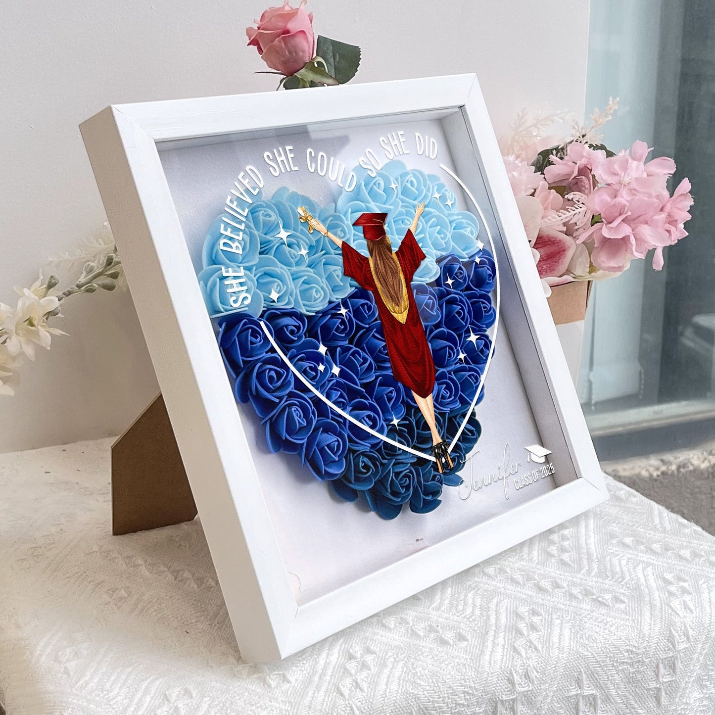 Graduation keepsake 3D flower frame with “She Believed She Could So She Did” quote