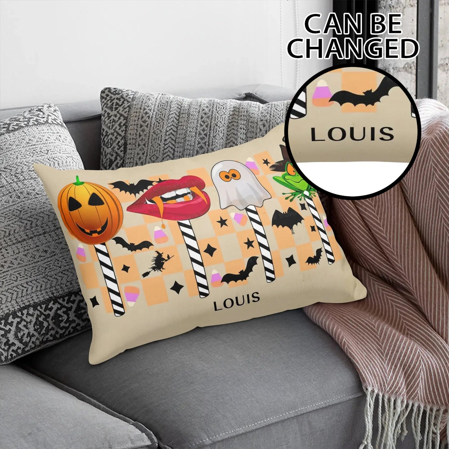 Spooky Chic Halloween Pillow Cover – Rectangular 30x20” Decor with Ghosts, Bats & Witches - De Krys