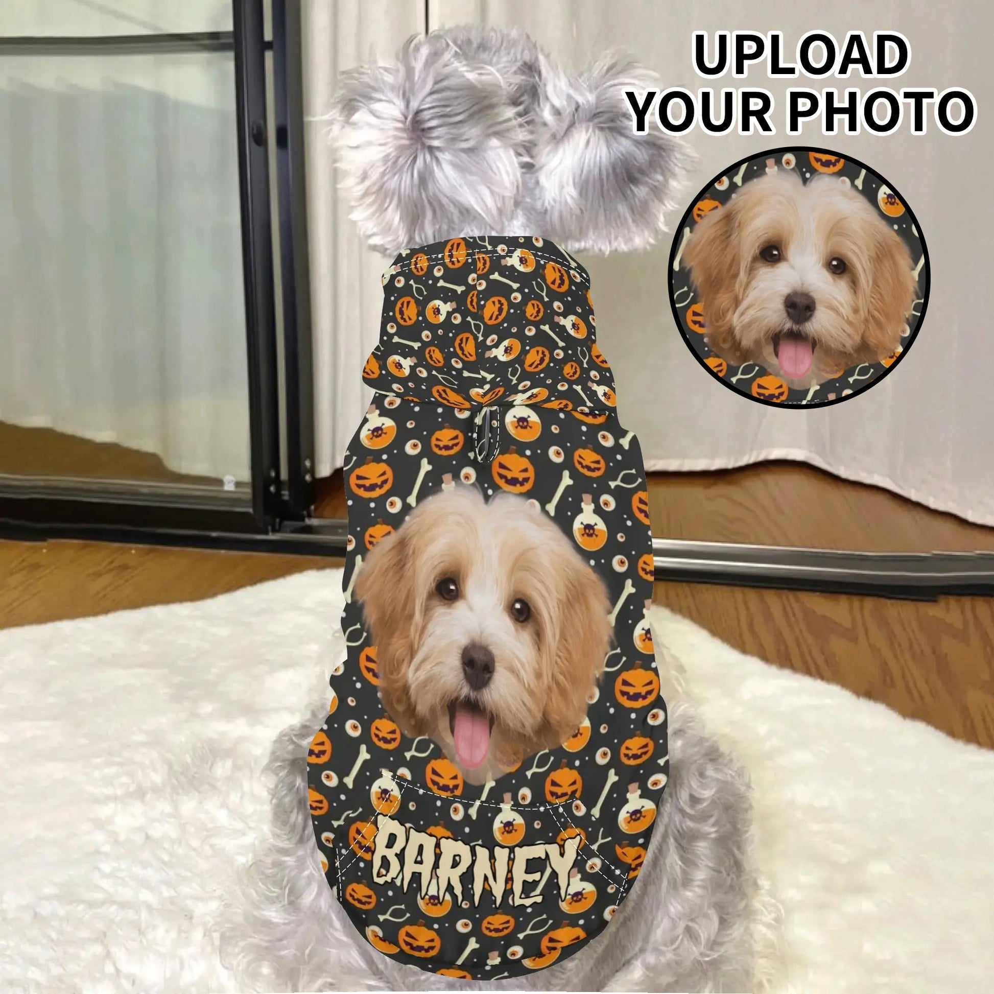 Dog wearing a custom Halloween pet hoodie personalized with photo and name, featuring pumpkins, bones, and spooky Halloween print.