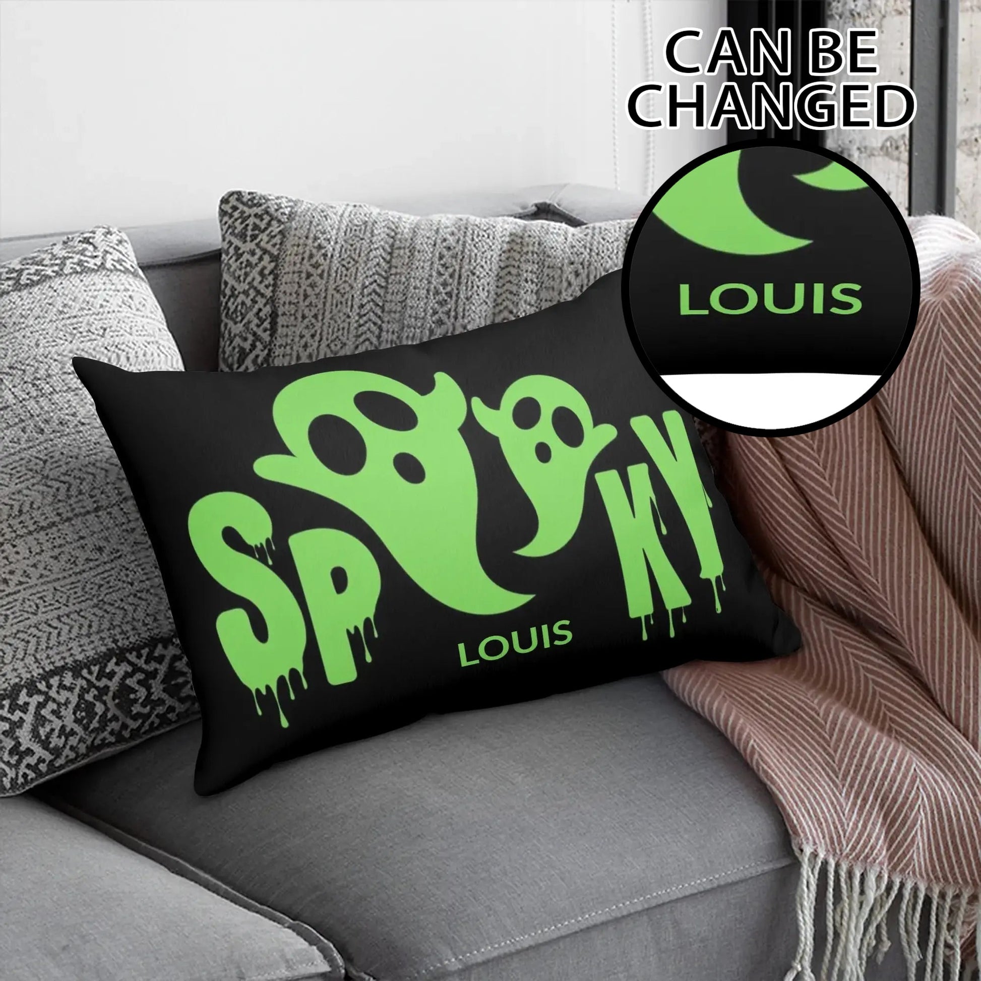Black spooky Halloween pillow with green ghost design and personalized name text, decorative throw cushion for Halloween home decor.