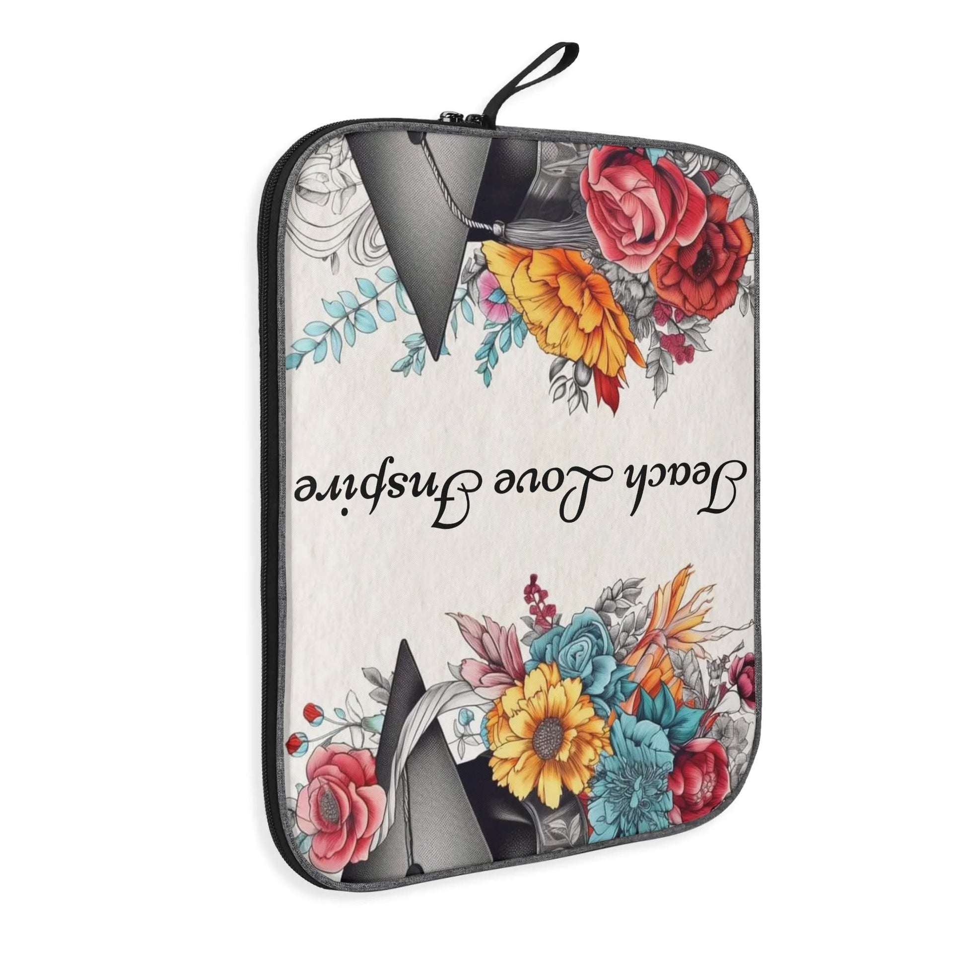 Custom teacher laptop sleeve with floral and graduation artwork – practical and inspiring gift for teachers and graduates.