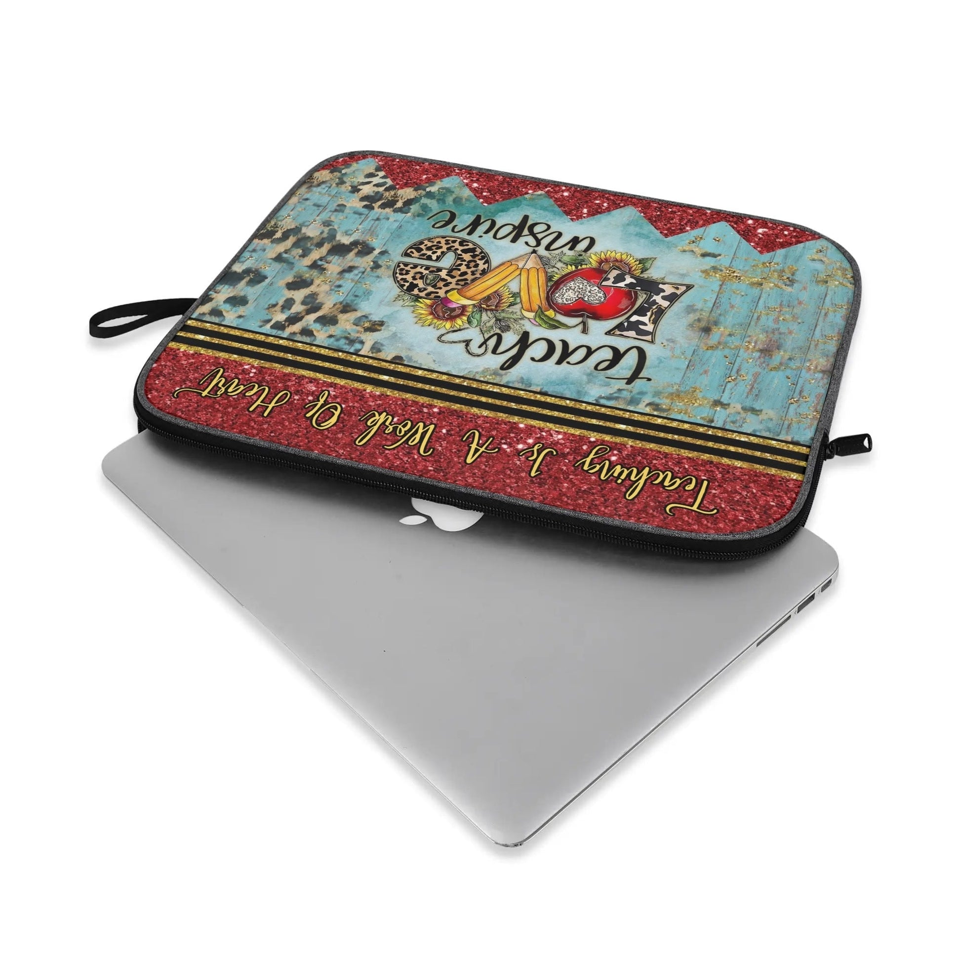 Teach Love Inspire Teacher Laptop Sleeve | Glitter & Leopard Print Gift for Educators - De Krys