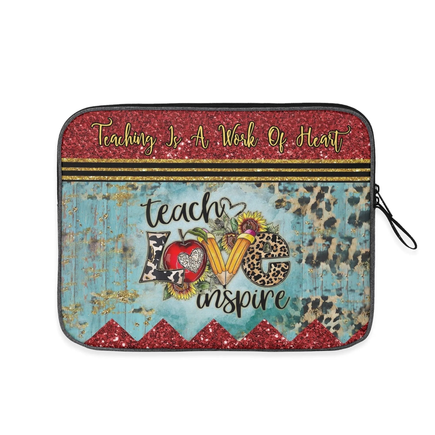 Personalized teacher laptop sleeve with Teach Love Inspire design – protective case with rustic blue, glitter red, and leopard print accents