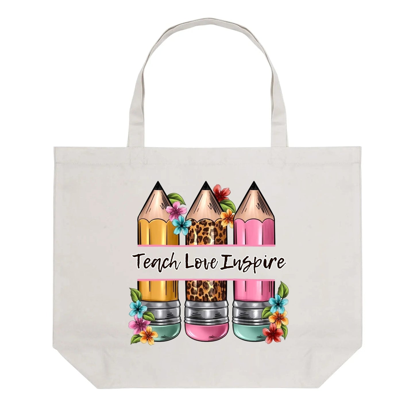Teach Love Inspire Teacher Tote Bag | Colorful Floral Pencil Canvas Bag for Educators - De Krys