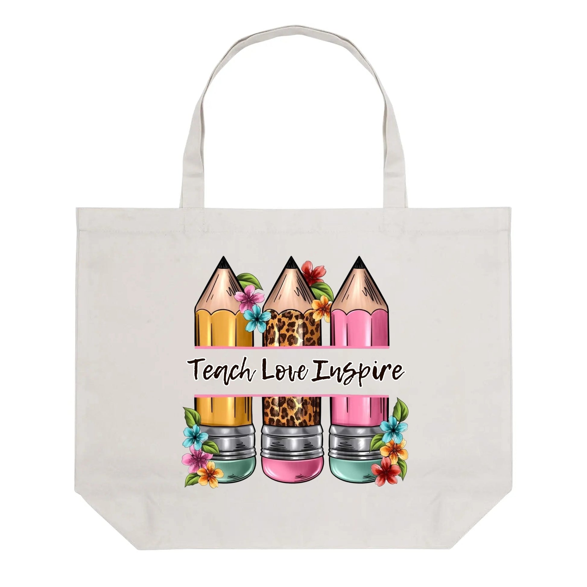 Teacher tote bag with Teach Love Inspire message and colorful pencil floral design – durable canvas appreciation gift.