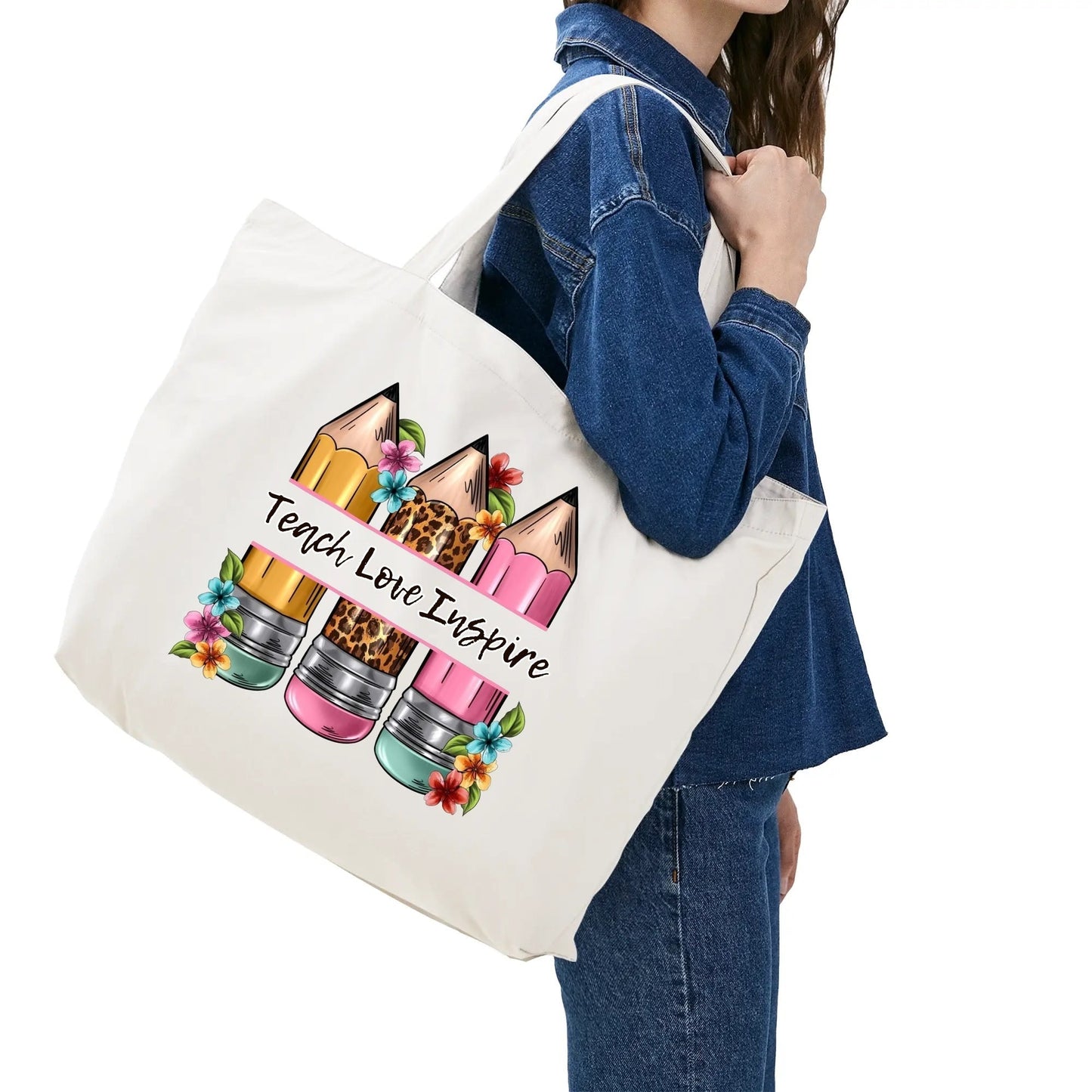 Stylish teacher tote bag with floral pencil design and motivational message – perfect appreciation gift for educators.
