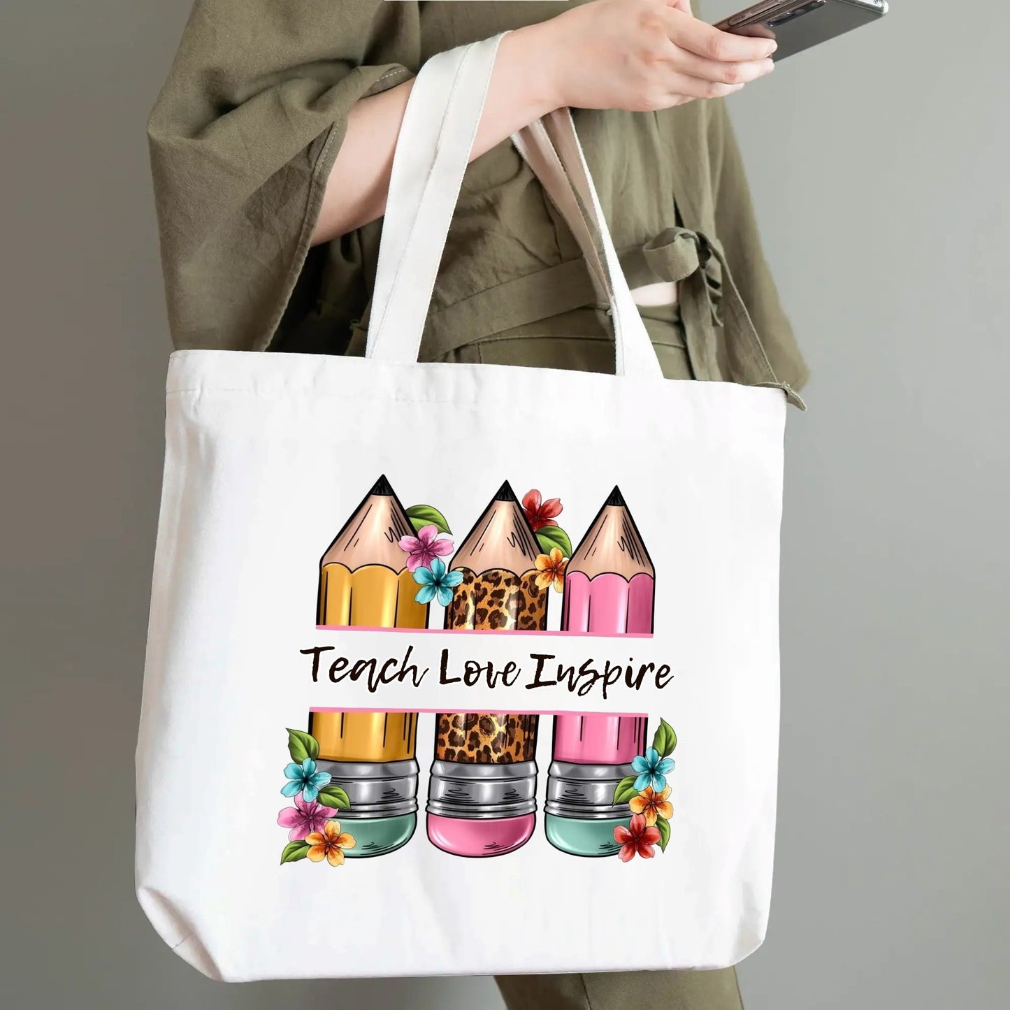 Teach Love Inspire Teacher Tote Bag | Colorful Floral Pencil Canvas Bag for Educators - De Krys