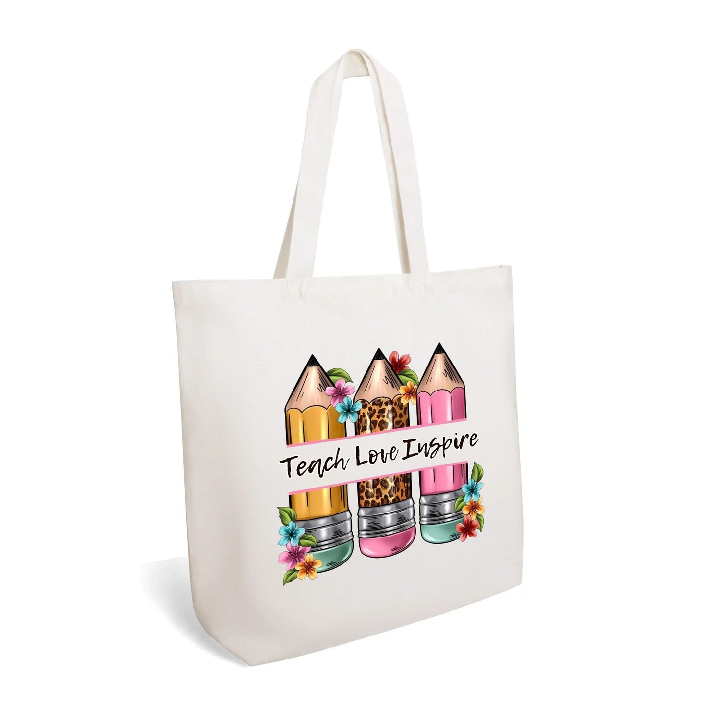 Teach Love Inspire Teacher Tote Bag | Colorful Floral Pencil Canvas Bag for Educators - De Krys