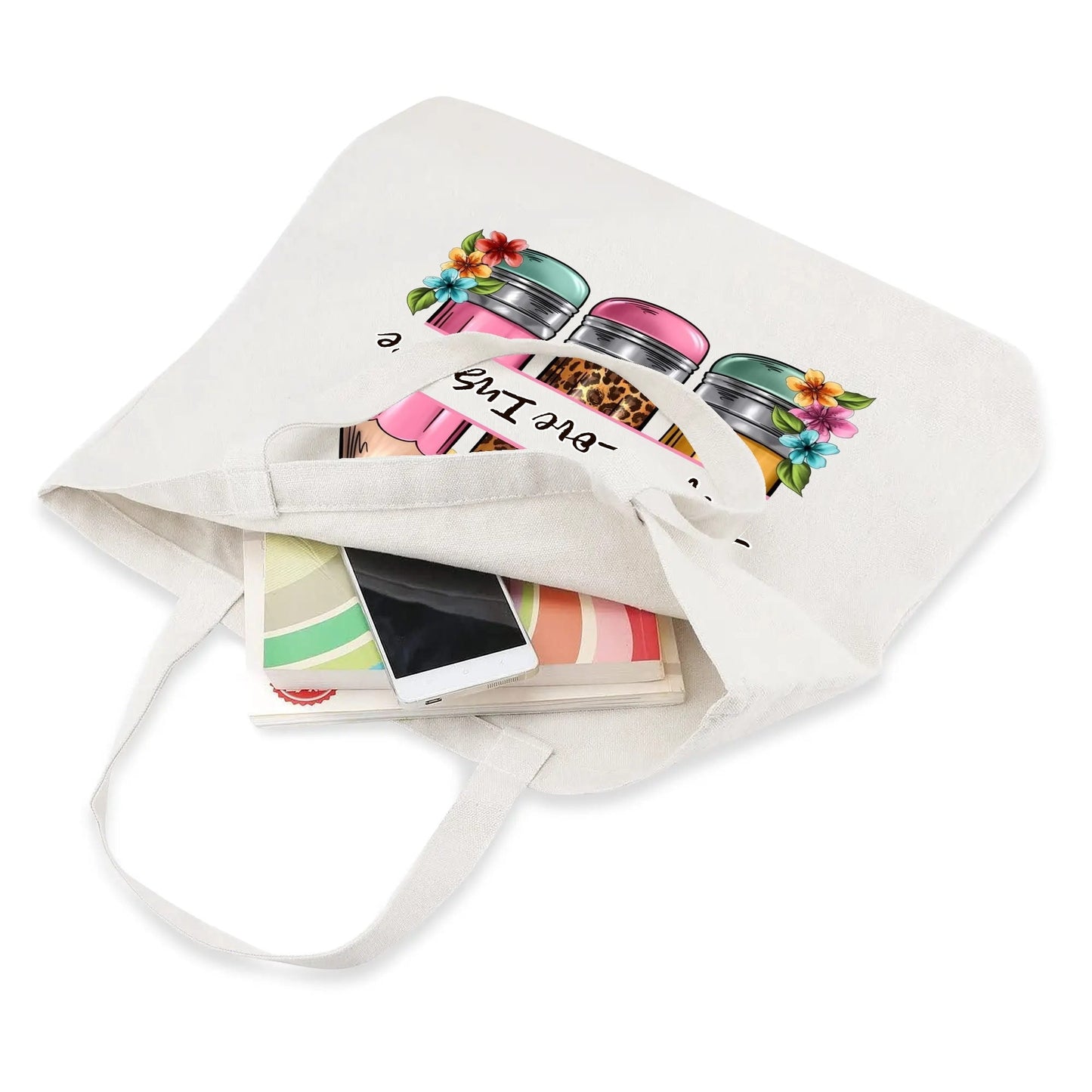 Teach Love Inspire Teacher Tote Bag | Colorful Floral Pencil Canvas Bag for Educators - De Krys