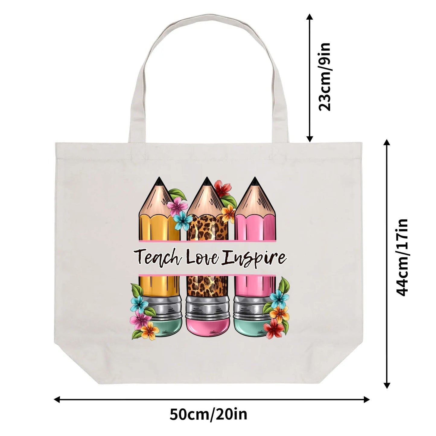 Teach Love Inspire Teacher Tote Bag | Colorful Floral Pencil Canvas Bag for Educators - De Krys